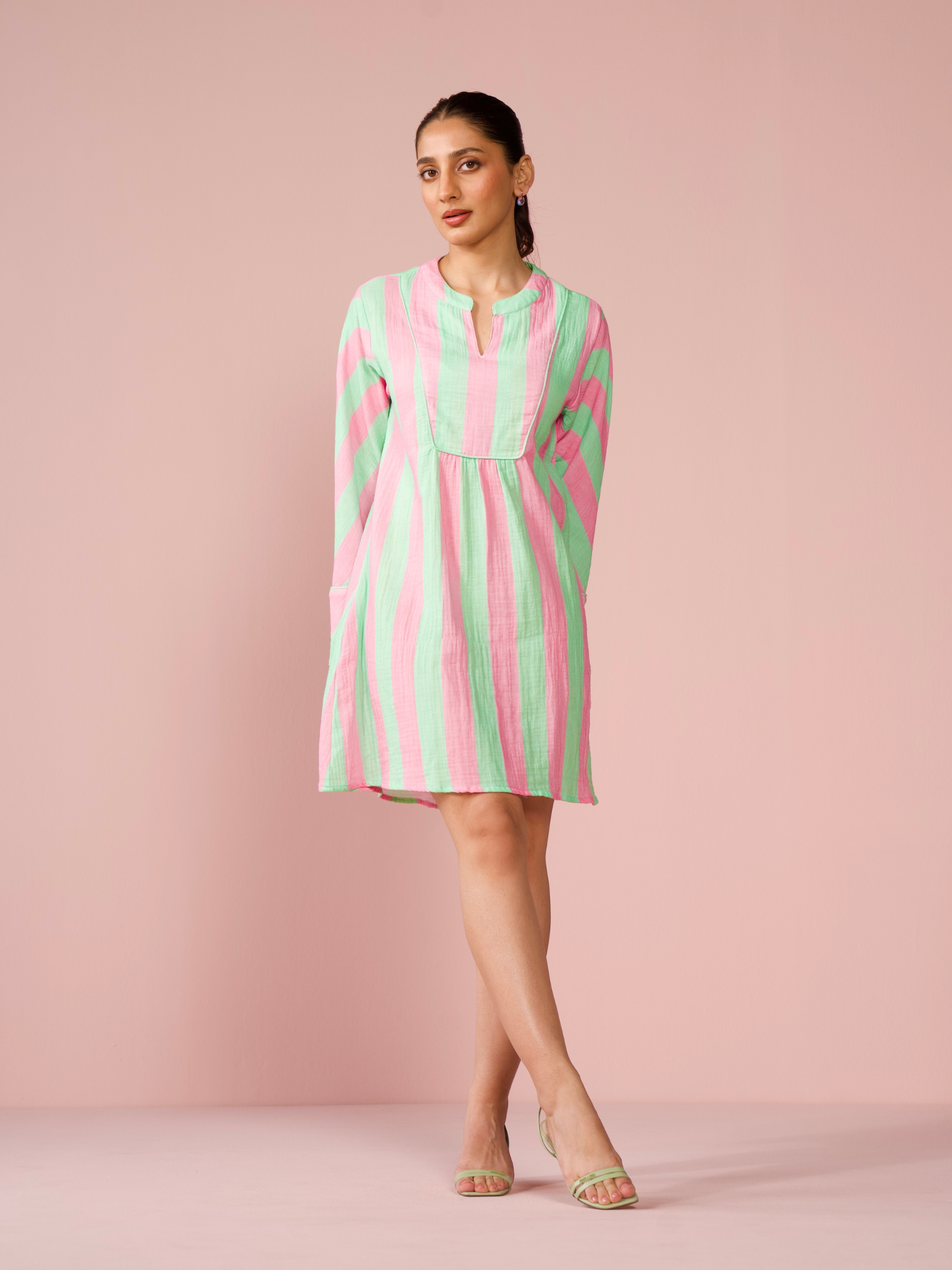 Buy Cotton Gauze Striped Dress in Candy pink and Green