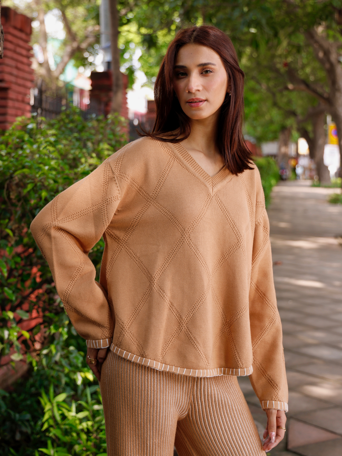 V Neck Pullover with Blanket Stitch in Mocha