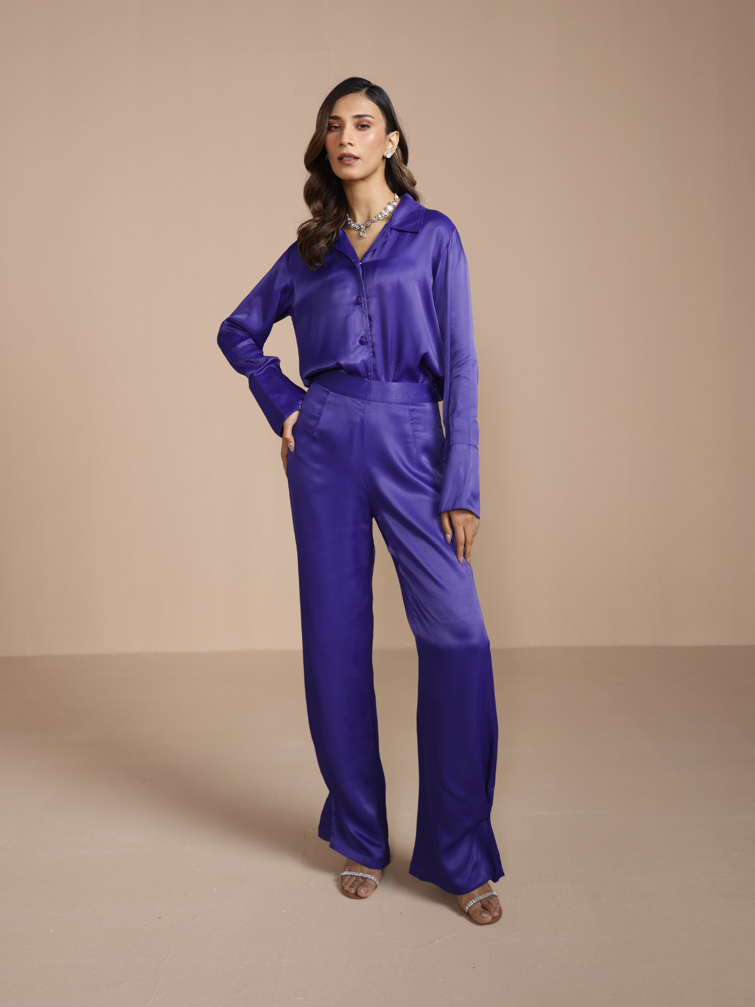 Button Embellished Satin Shirt in Mystic Blue