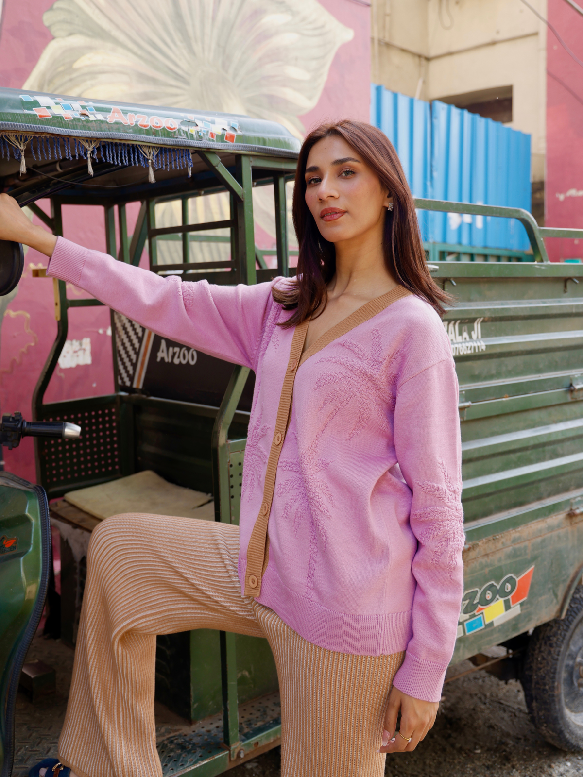 Jacquard Button Down Cardigan in Peony