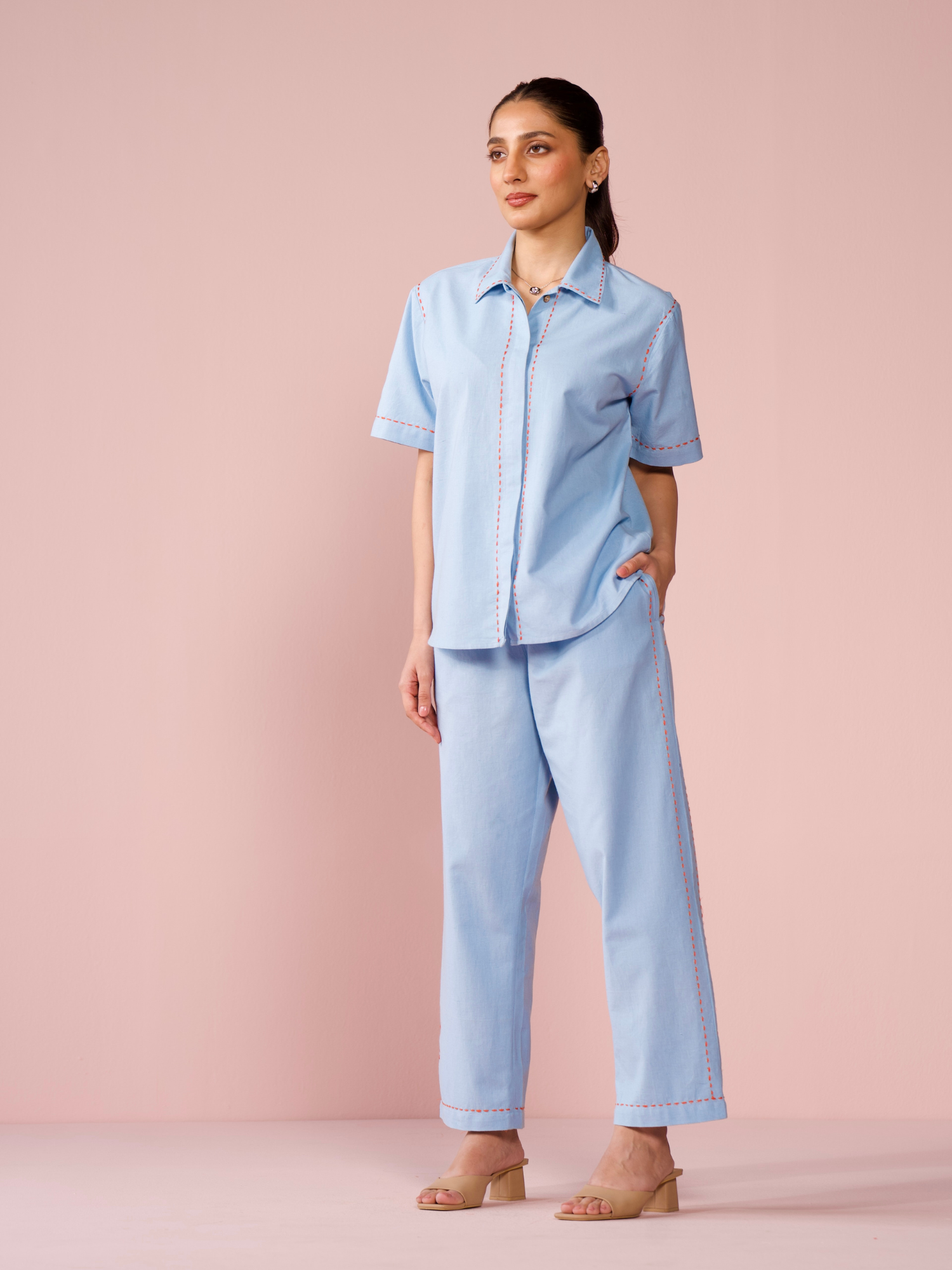 Drift Linen Blend Co-ord Set with Pants in Powder Blue