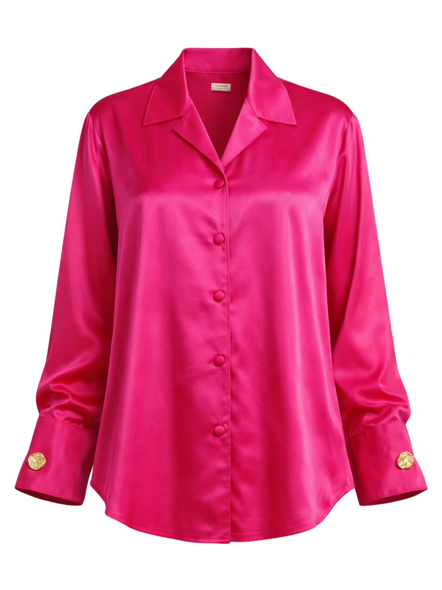 Button Embellished Satin Shirt in Rani Pink