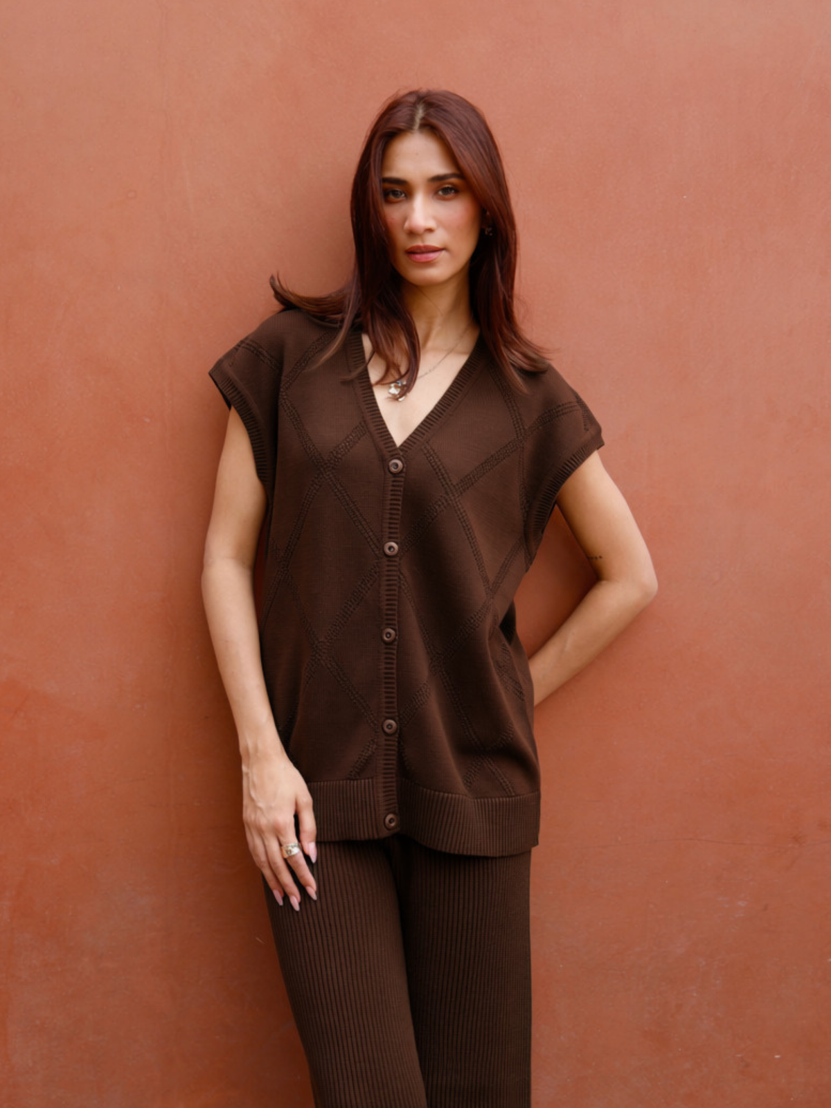 Knitted Vest Cardigan with Pants in Espresso