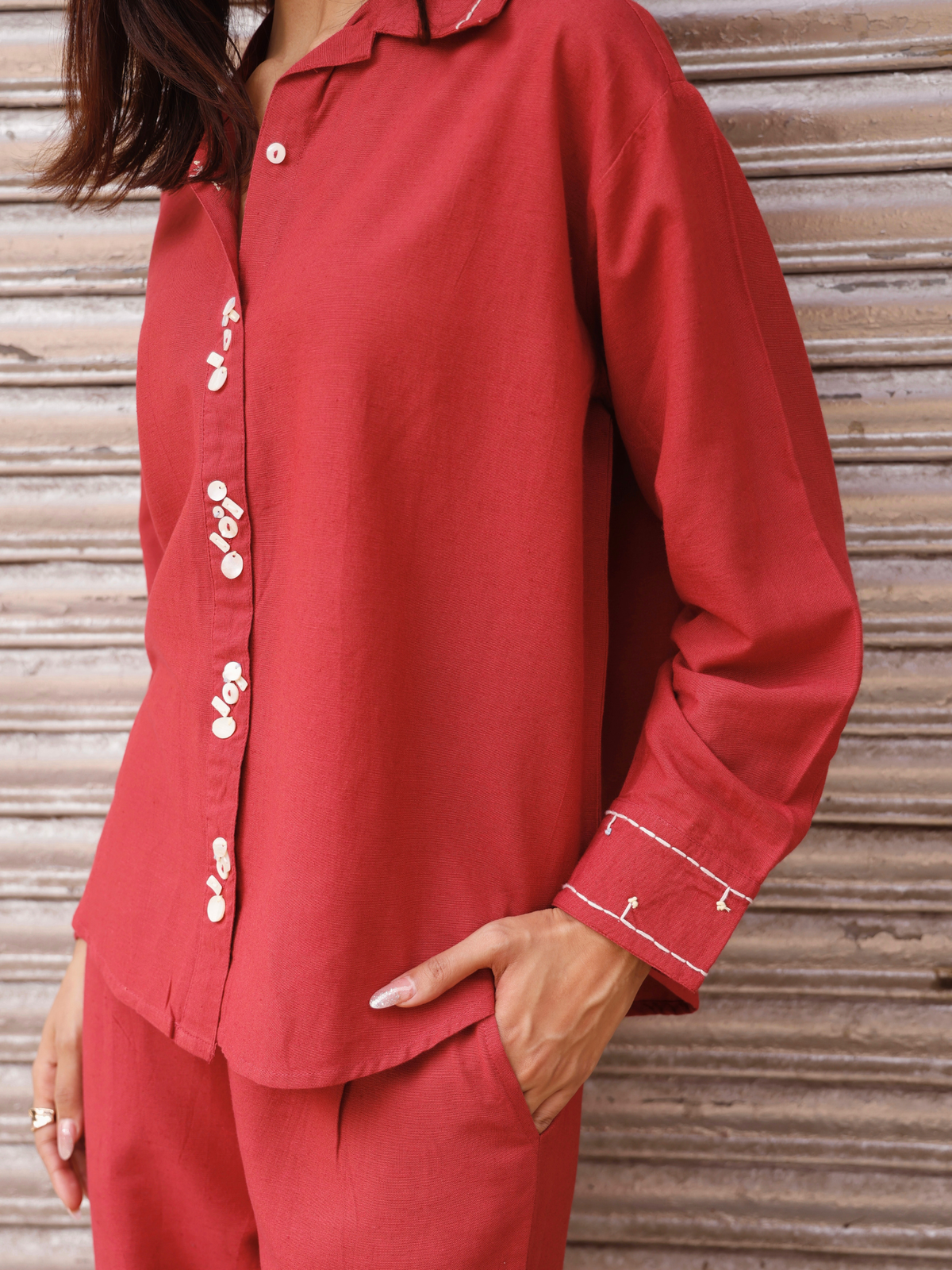 Embroidered Linen Blend Co-ord Set with Embellishments in Maroon