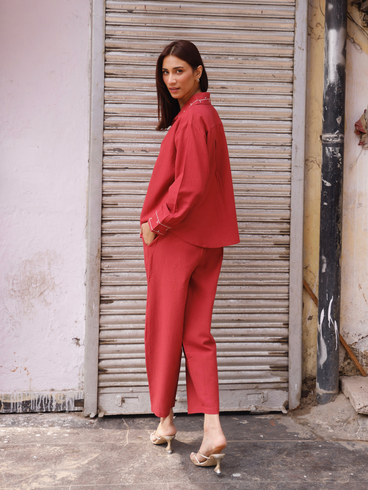 Embroidered Linen Blend Co-ord Set with Embellishments in Maroon