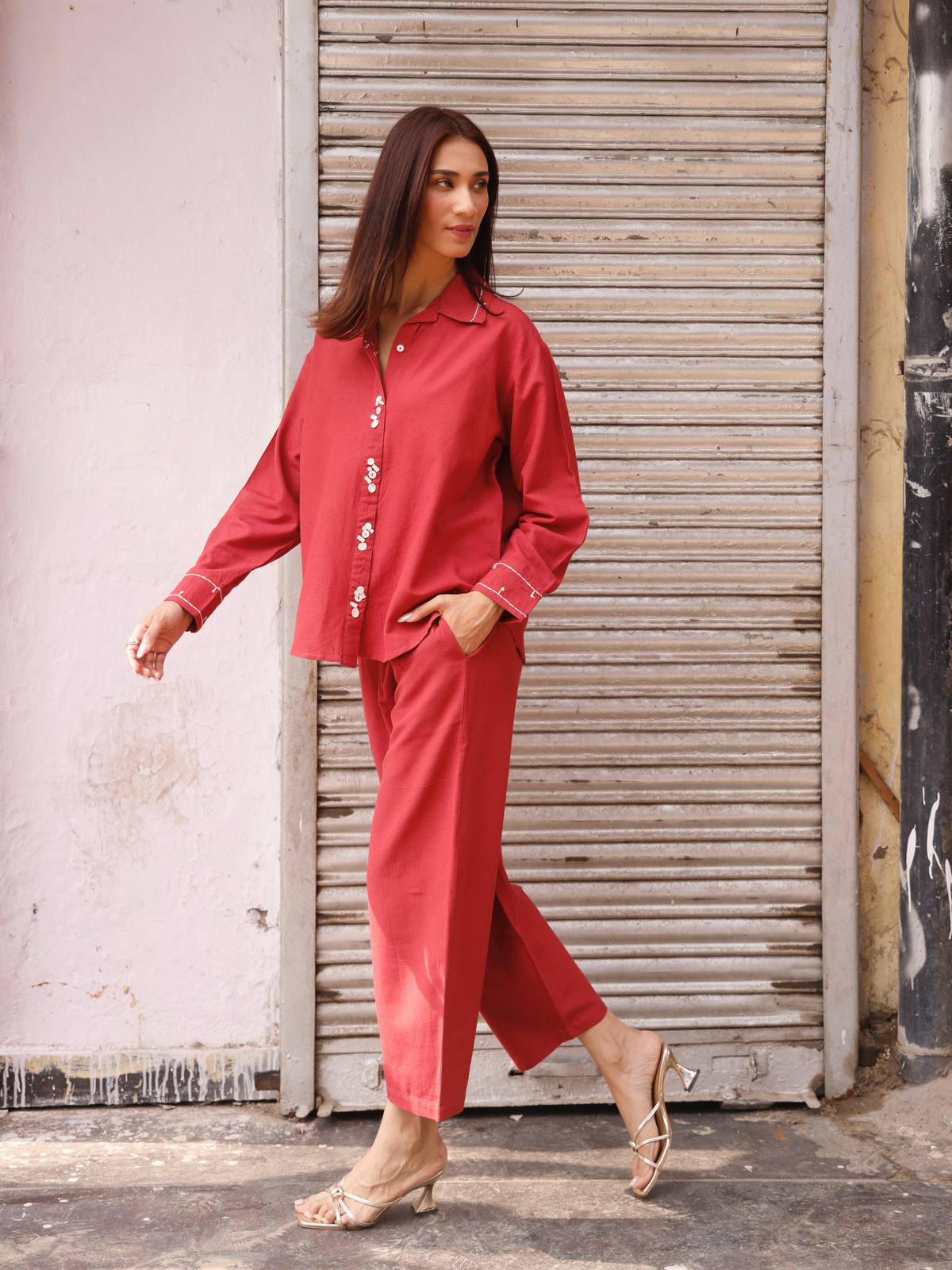Embroidered Linen Blend Co-ord Set with Embellishments in Maroon