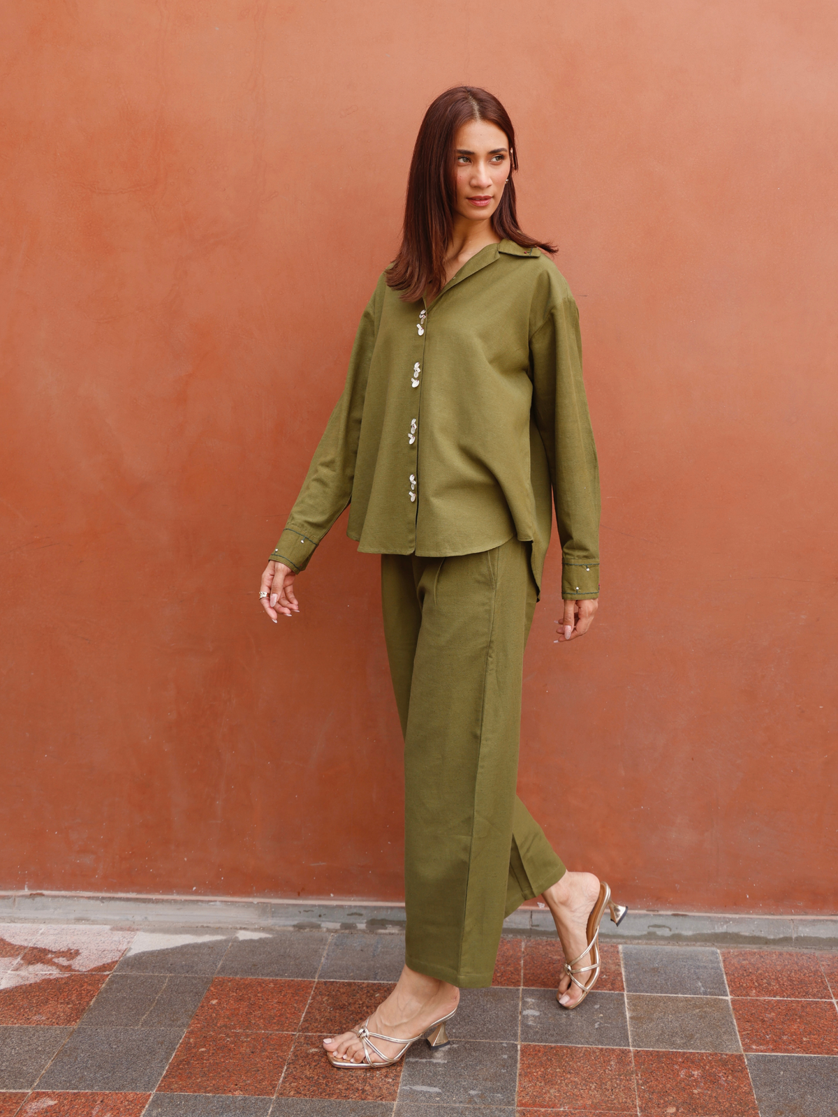 Embroidered Linen Blend Co-ord Set with Embellishments in Olive