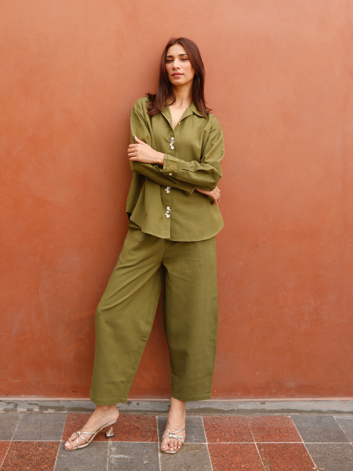 Embroidered Linen Blend Co-ord Set with Embellishments in Olive