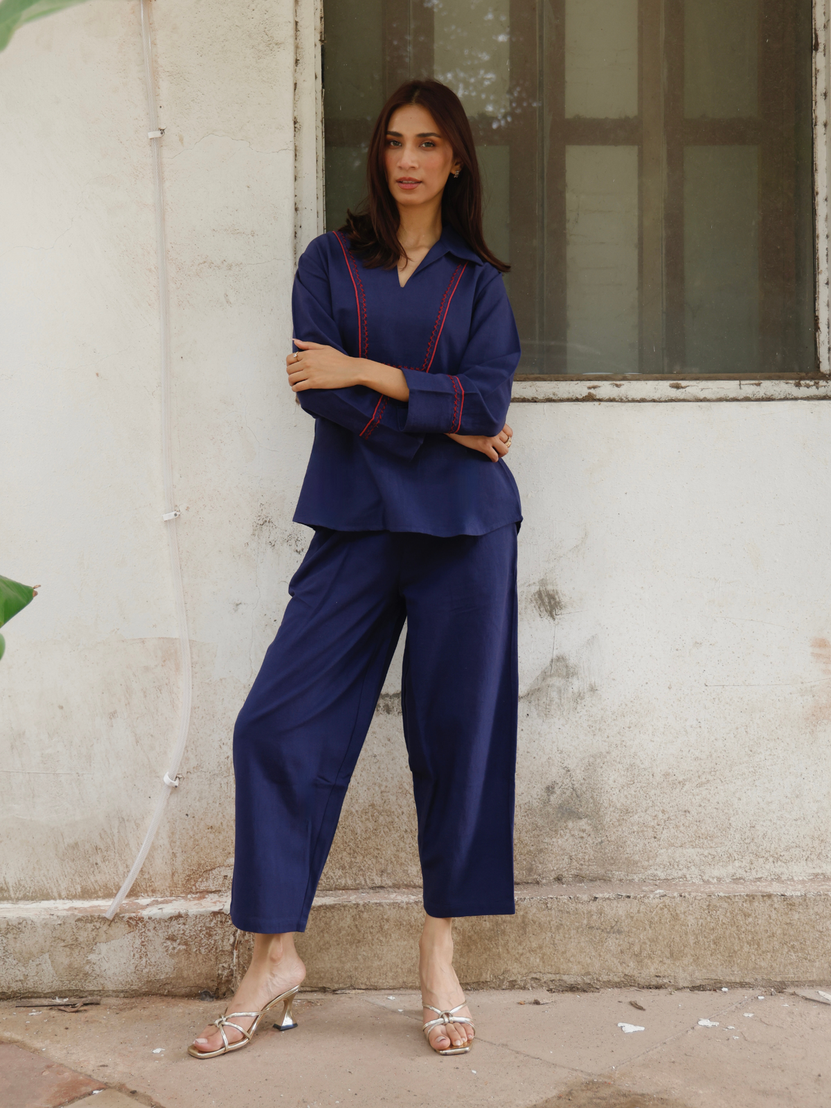 Cross-Stitch Linen Blend Co-ord Set in Navy Blue