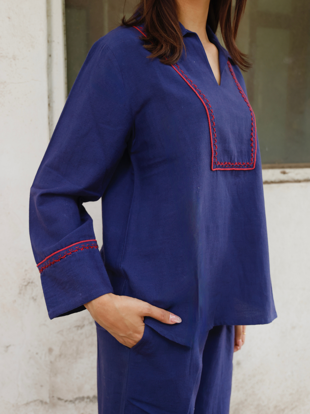 Cross-Stitch Linen Blend Co-ord Set in Navy Blue