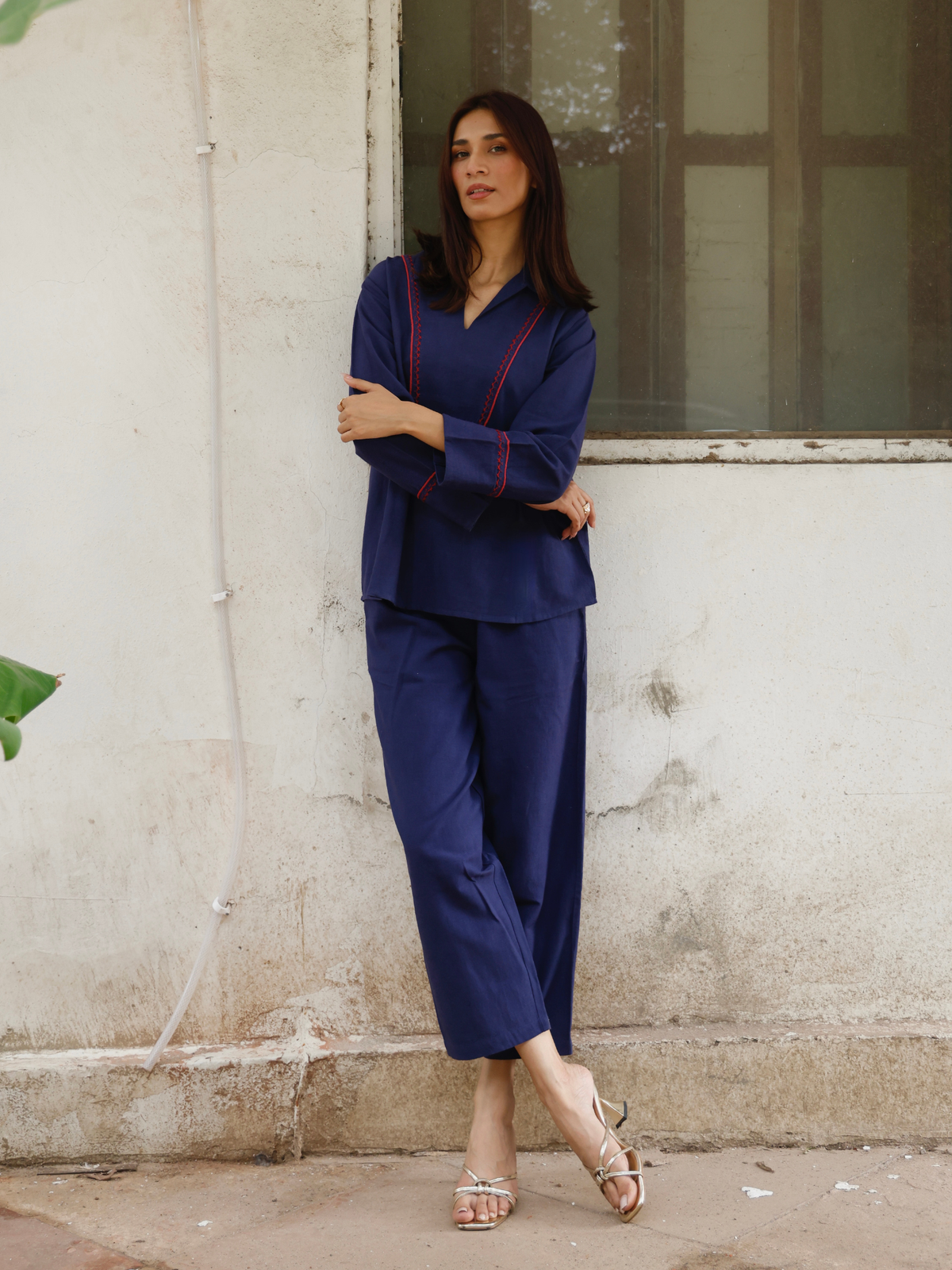 Cross-Stitch Linen Blend Co-ord Set in Navy Blue