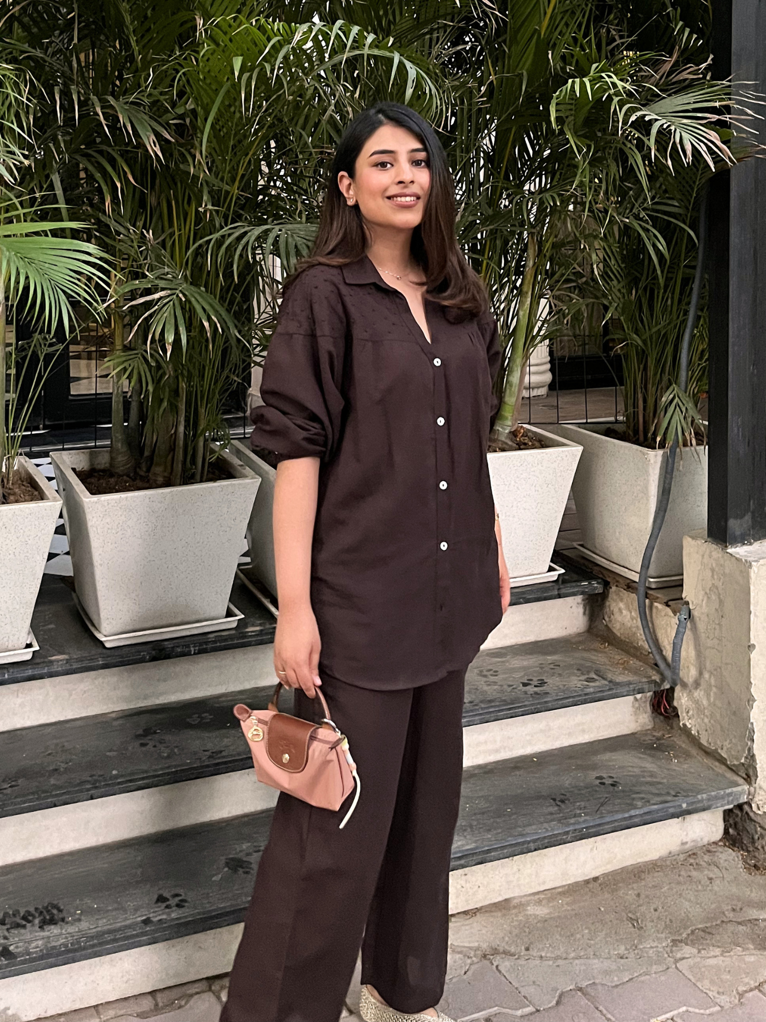 Premium Linen Co-ord Set with French Knots in Espresso