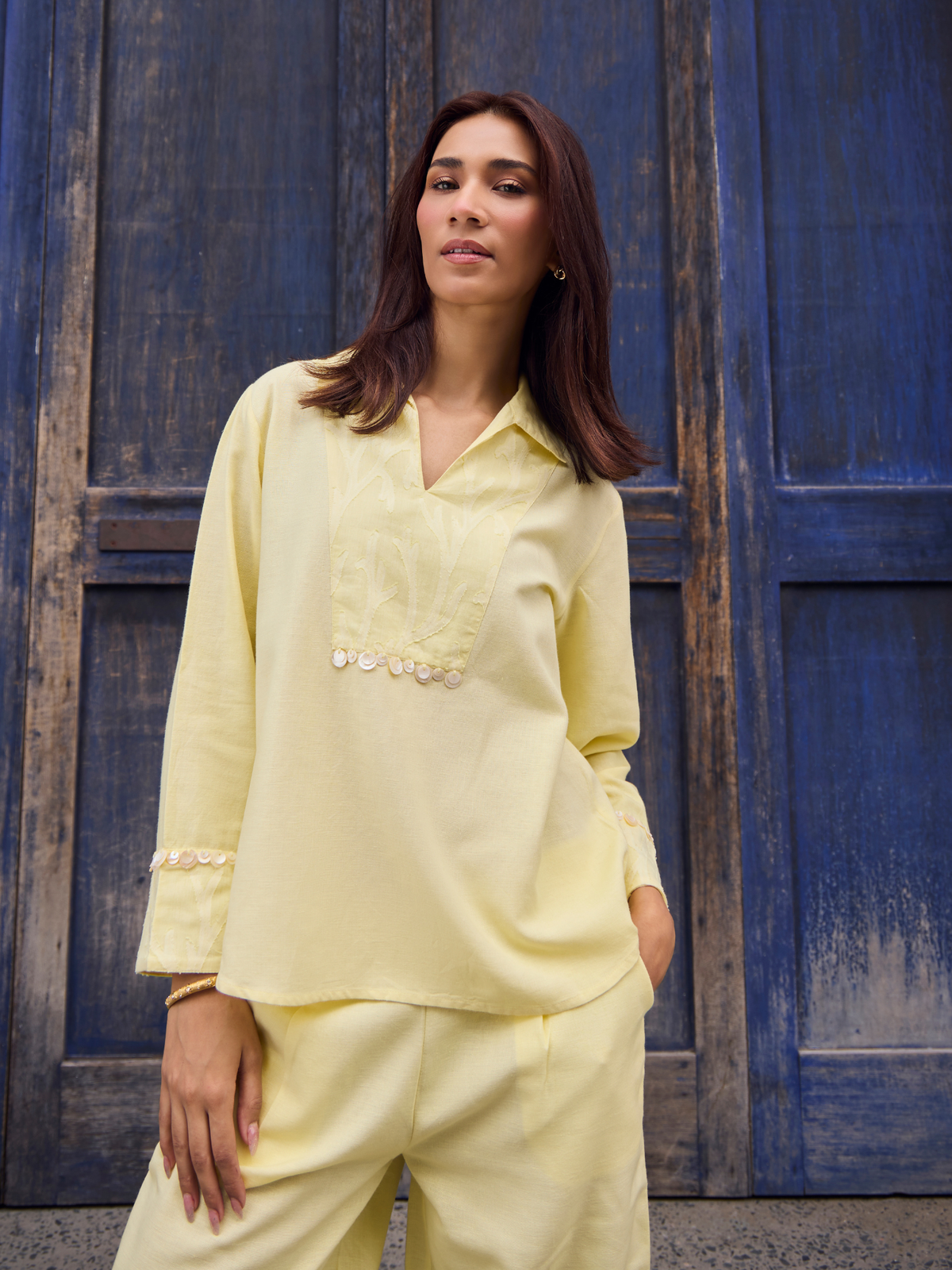 Embellished Jacquard Linen Blend Co-ord Set in Butter