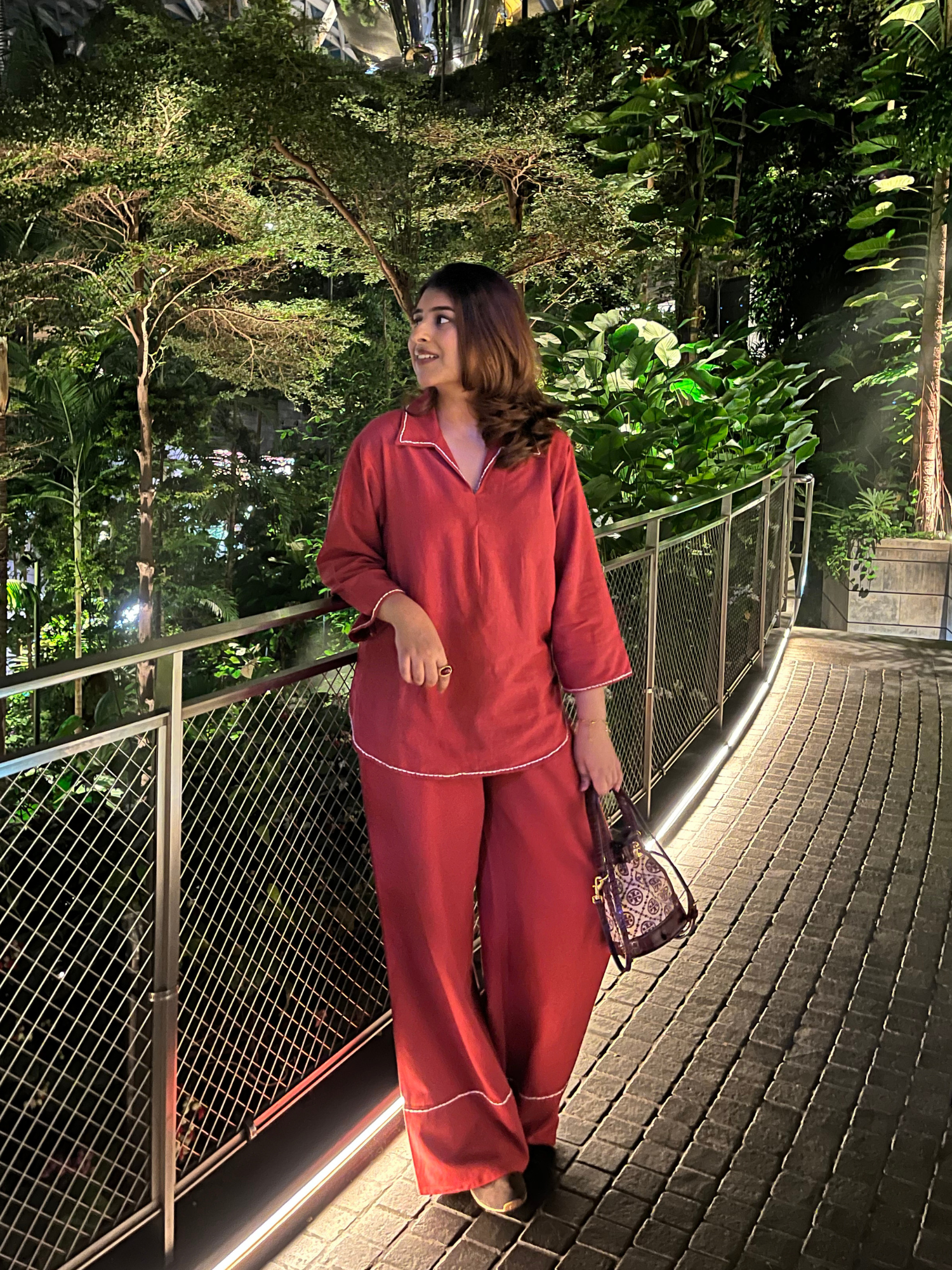 Linen Blend Skipper Collar Co-ord Set in Maroon