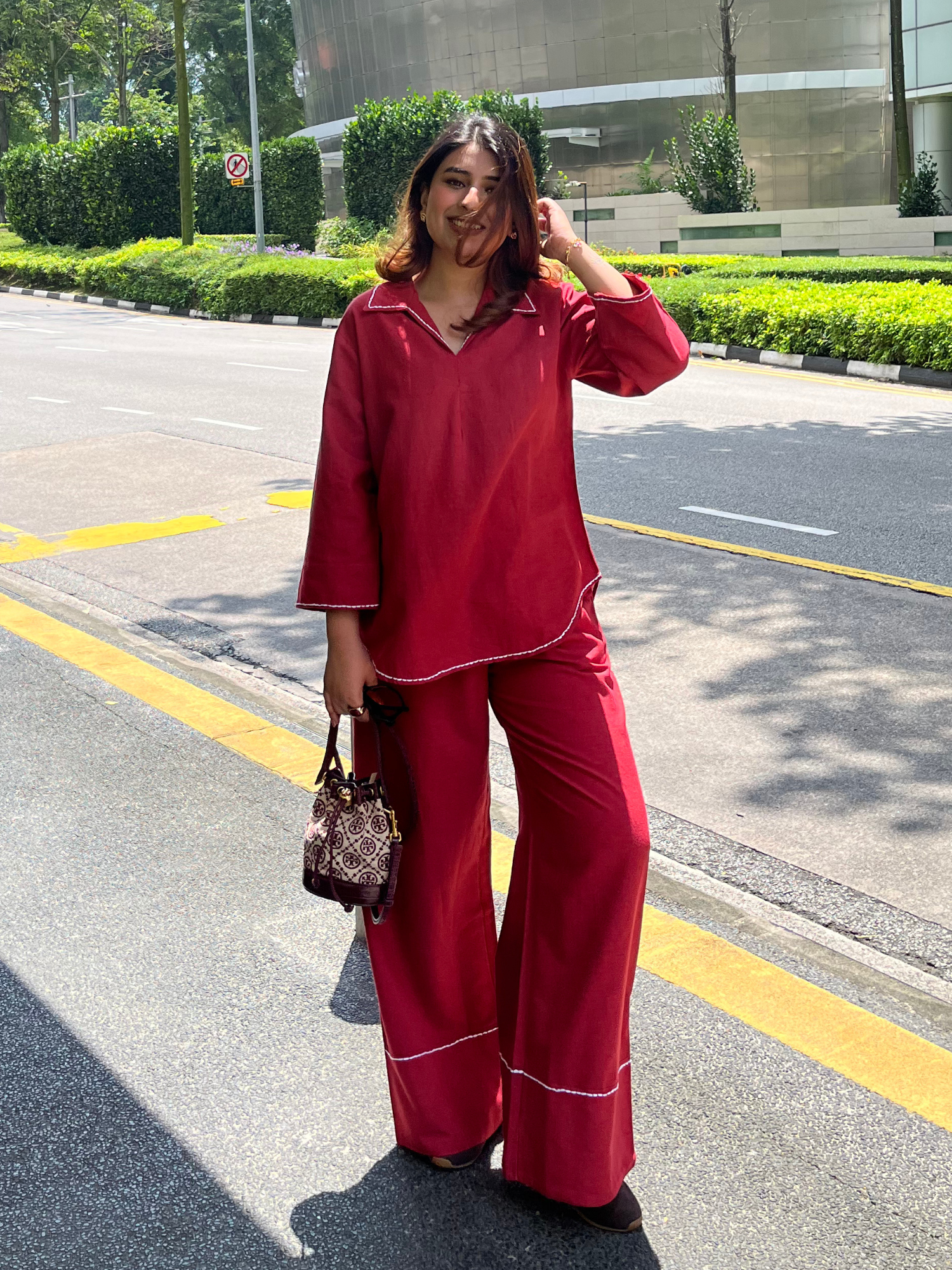 Linen Blend Skipper Collar Co-ord Set in Maroon