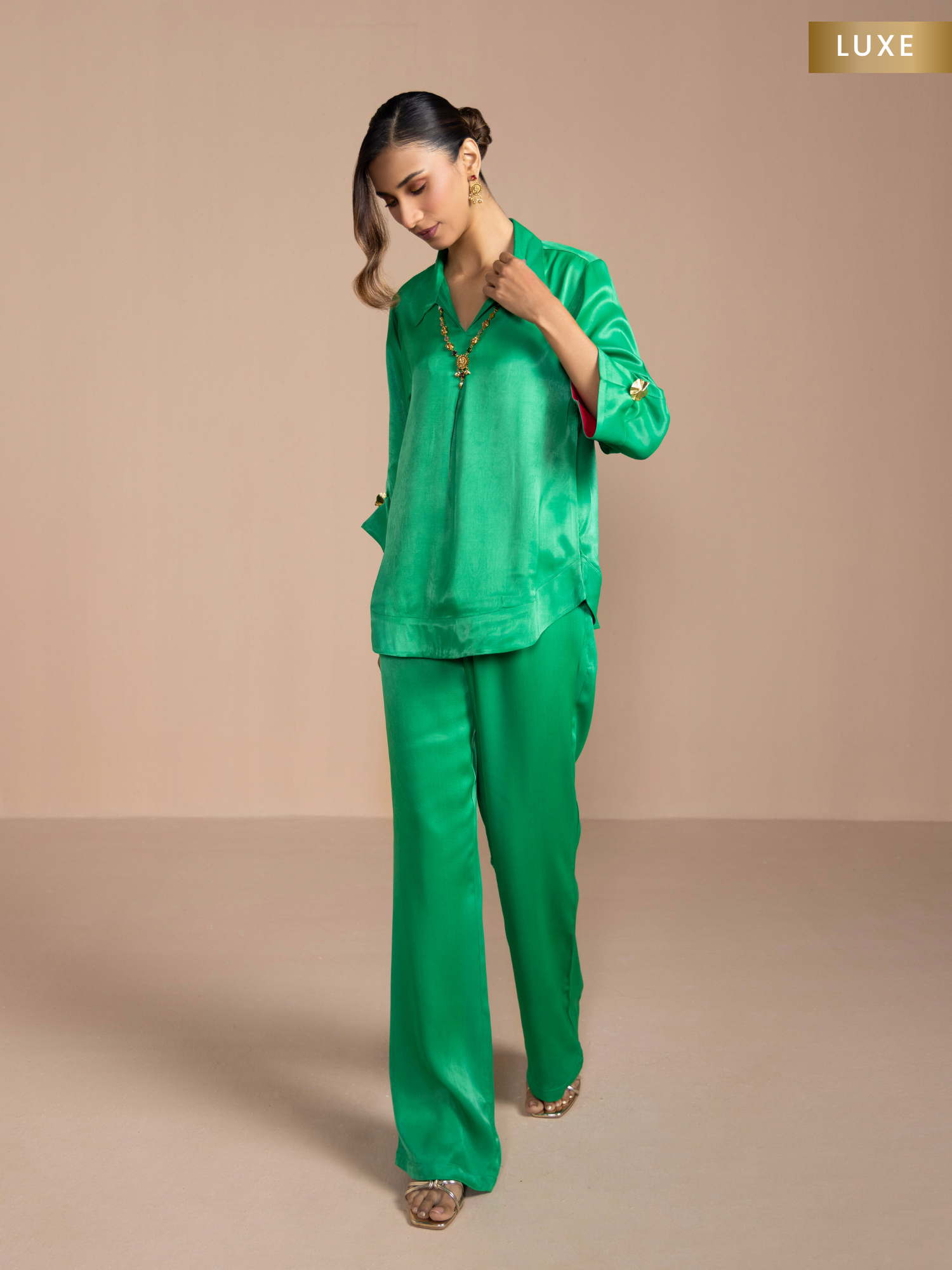 Satin Skipper Collar Top with Flowy Pants in Dark Green