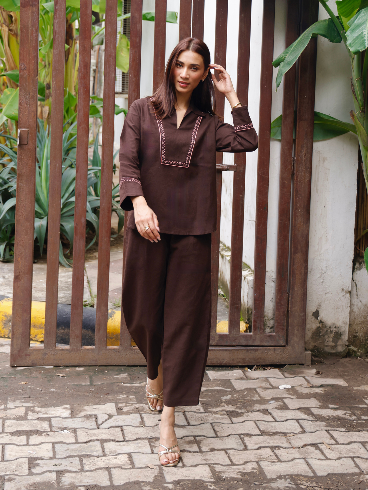 Cross-Stitch Linen Blend Co-ord Set in Espresso