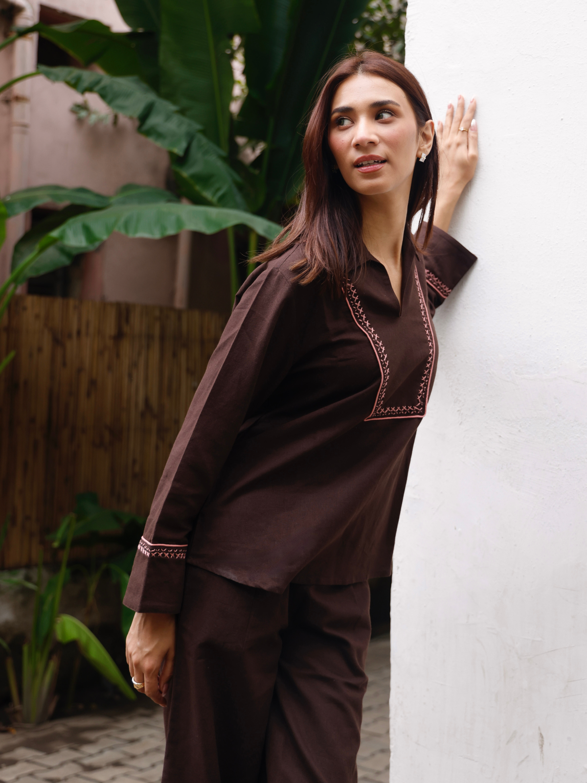 Cross-Stitch Linen Blend Co-ord Set in Espresso