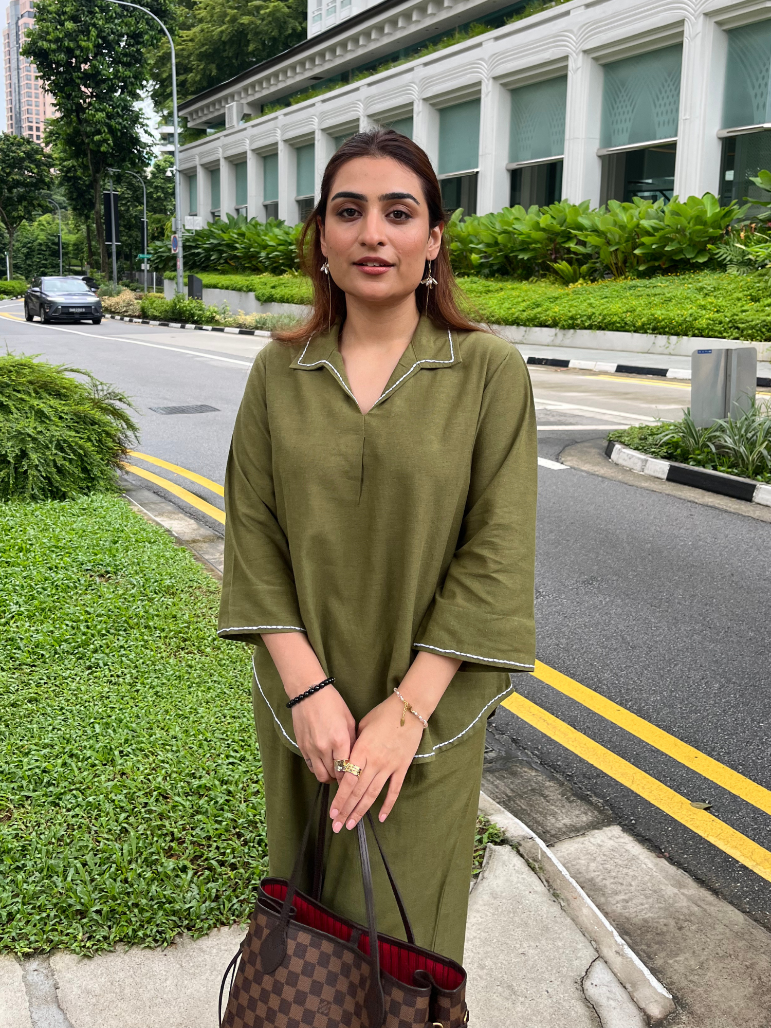 Linen Blend Skipper Collar Co-ord Set in Olive