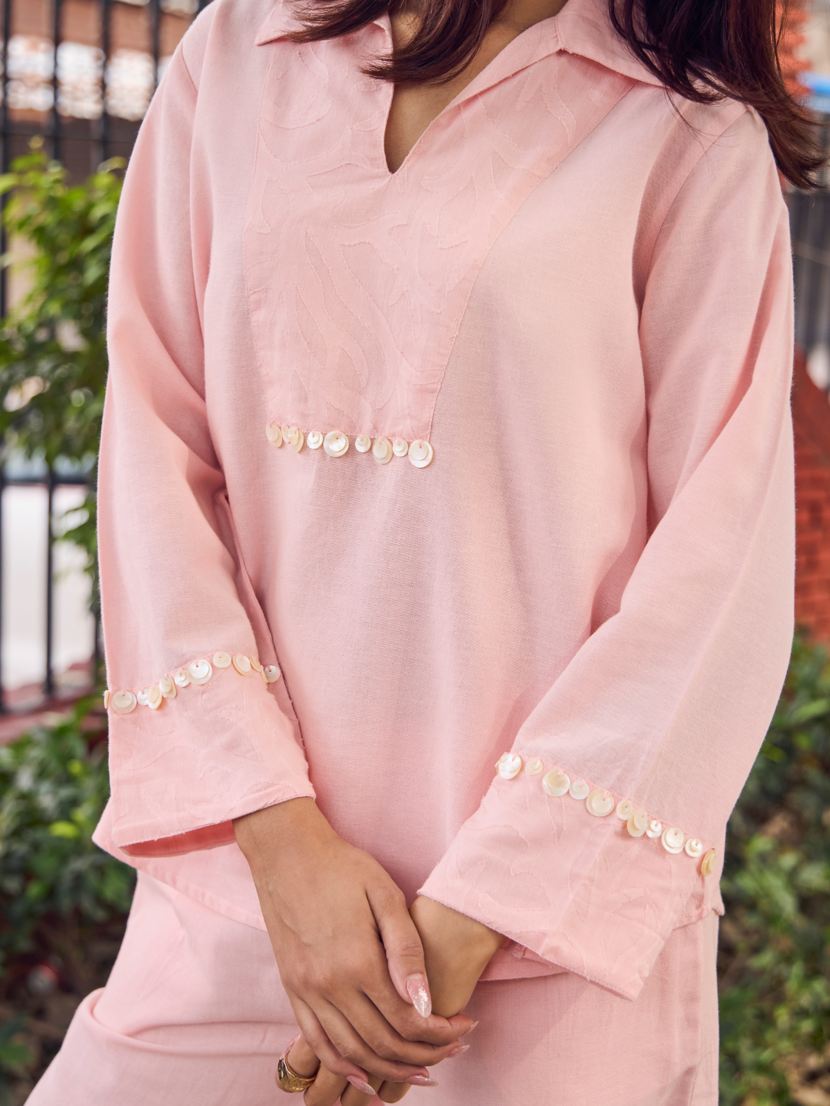 Embellished Jacquard Linen Blend Co-ord Set in Rose Pink