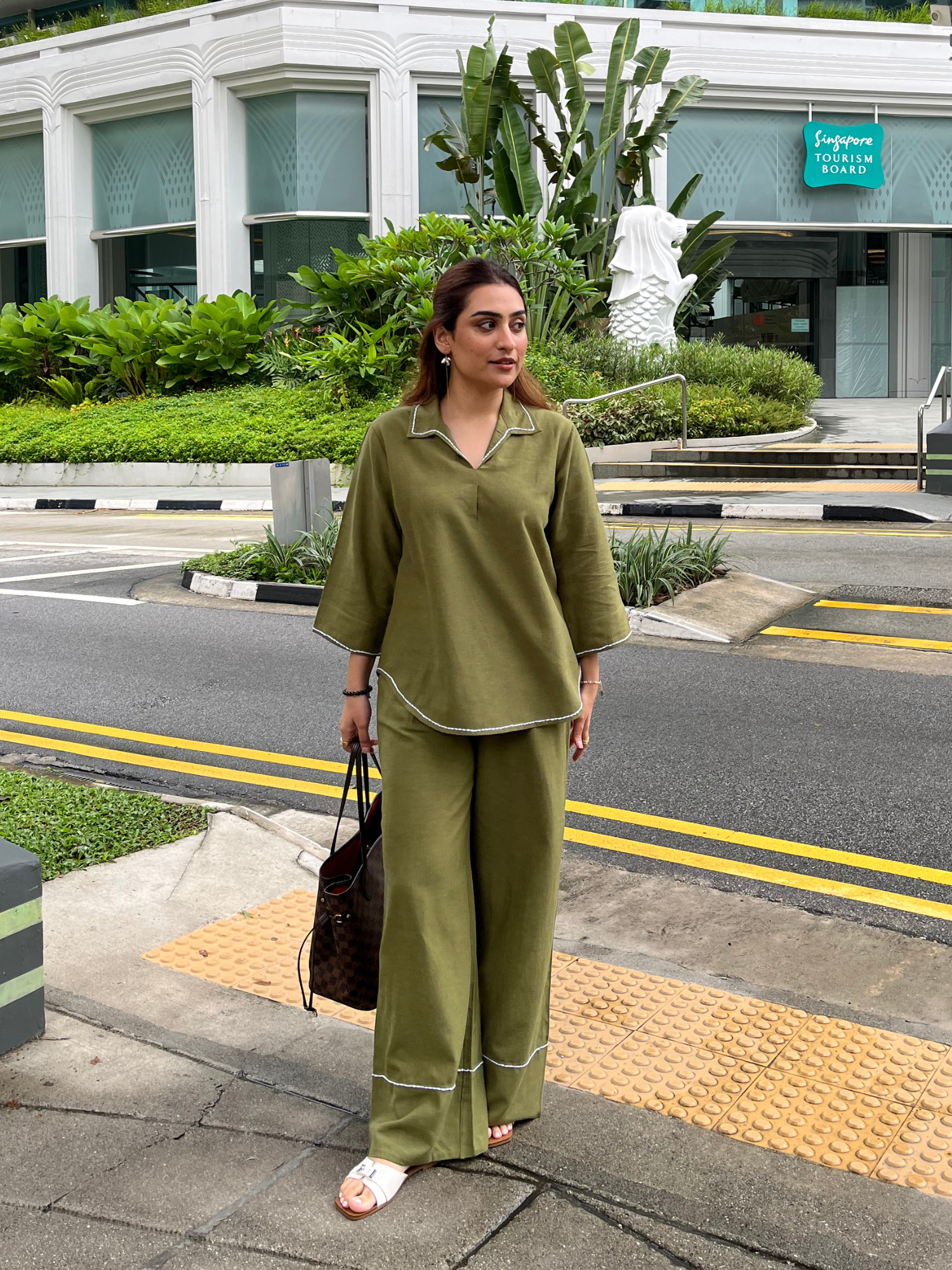 Linen Blend Skipper Collar Co-ord Set in Olive