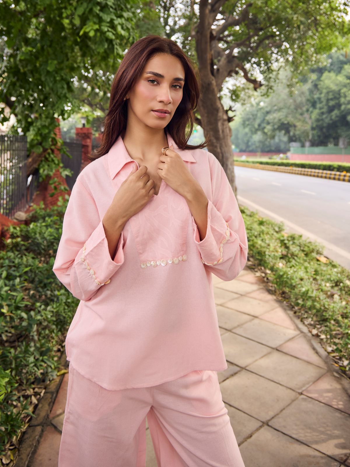 Embellished Jacquard Linen Blend Co-ord Set in Rose Pink