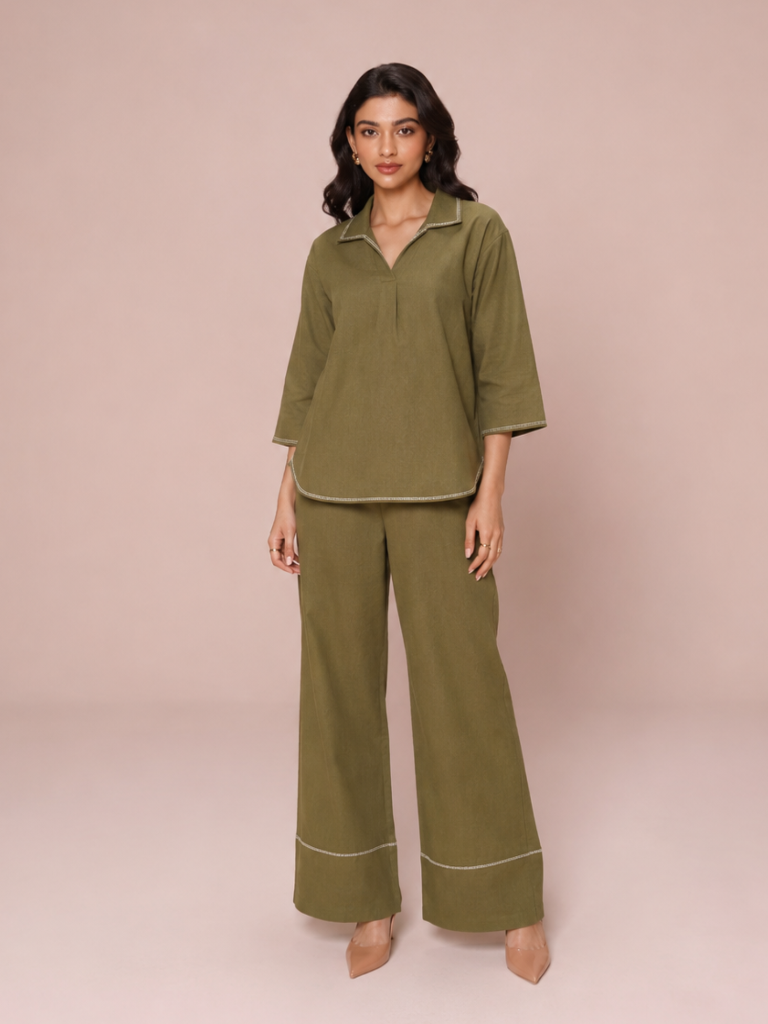 Linen Blend Skipper Collar Co-ord Set in Olive