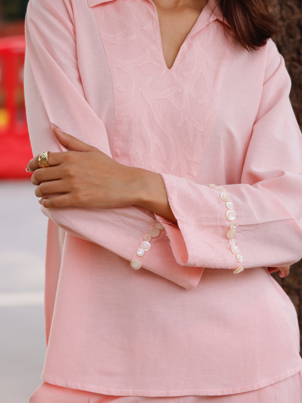 Embellished Jacquard Linen Blend Co-ord Set in Rose Pink