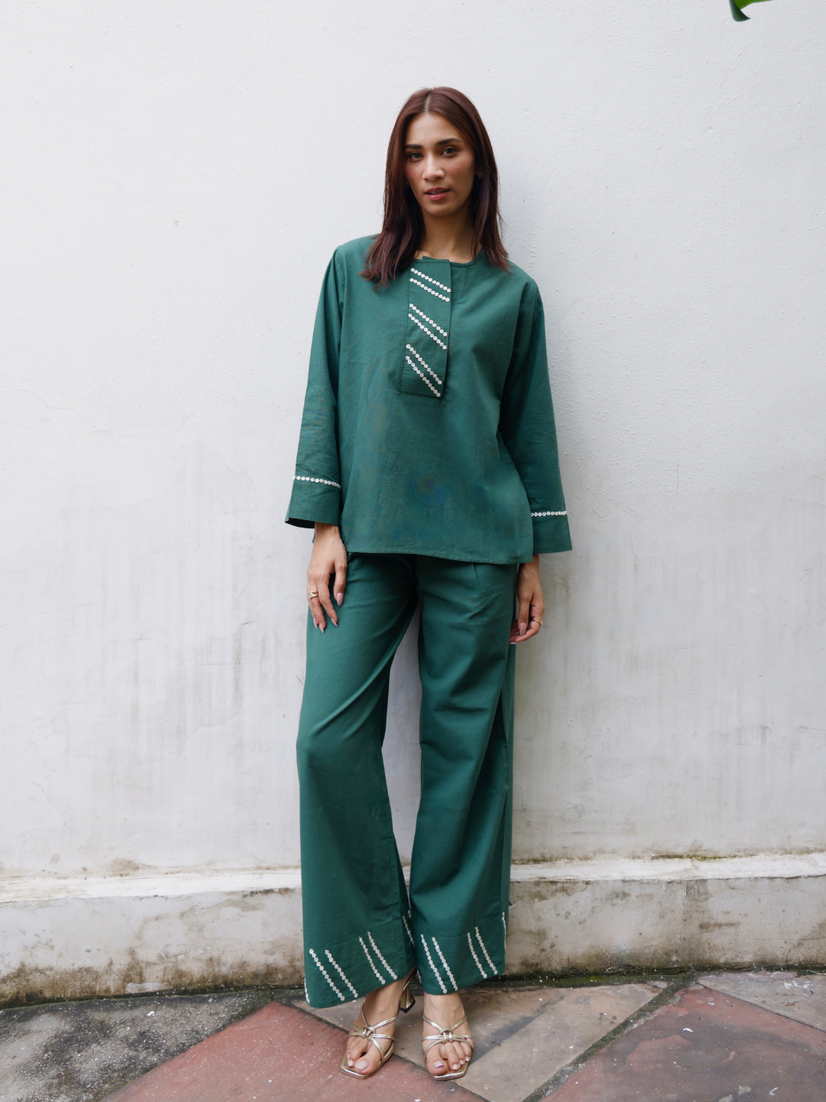 Embellished Cotton Linen Blend Co-ord Set in Forest Green