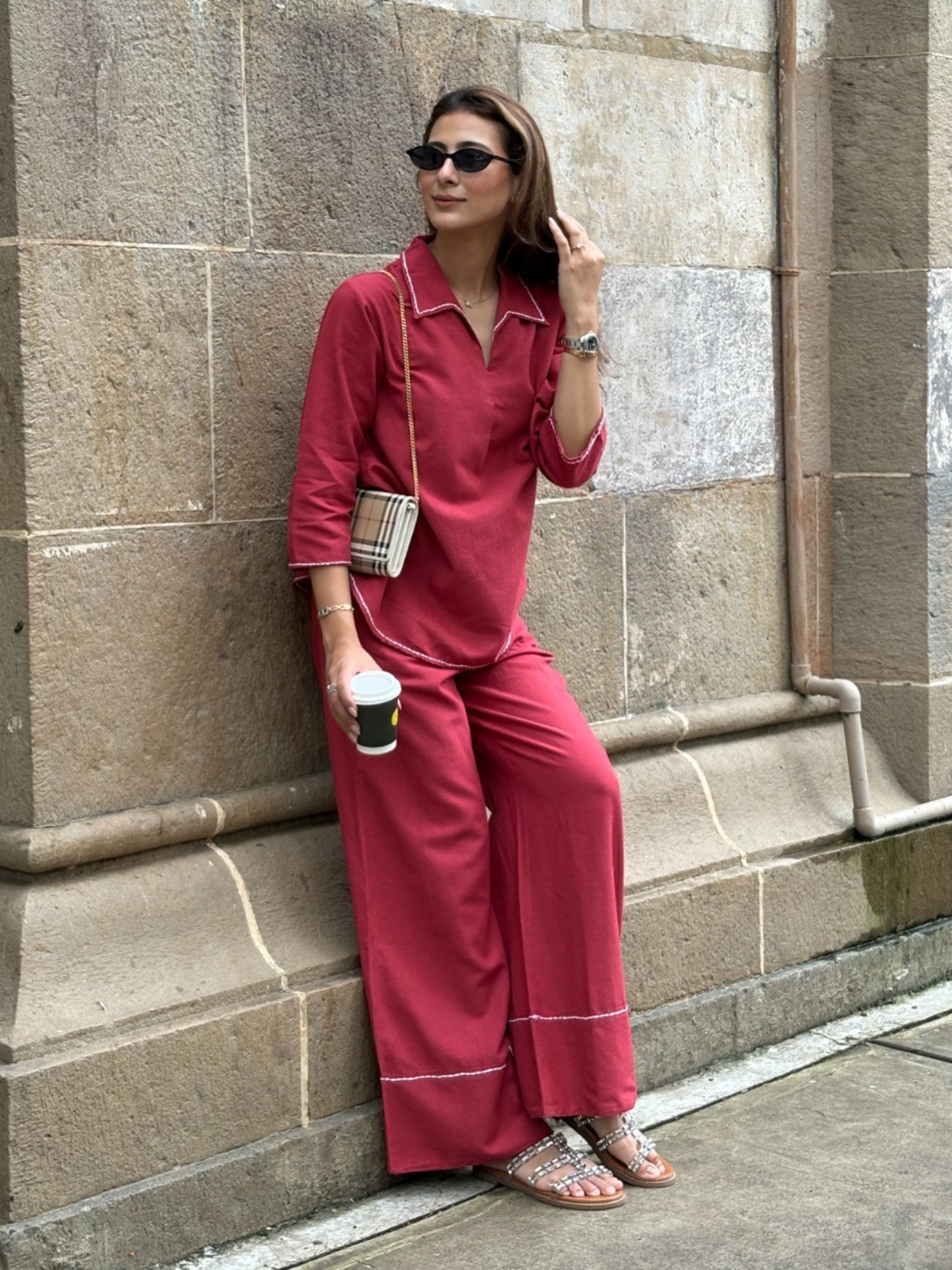 Linen Blend Skipper Collar Co-ord Set in Maroon