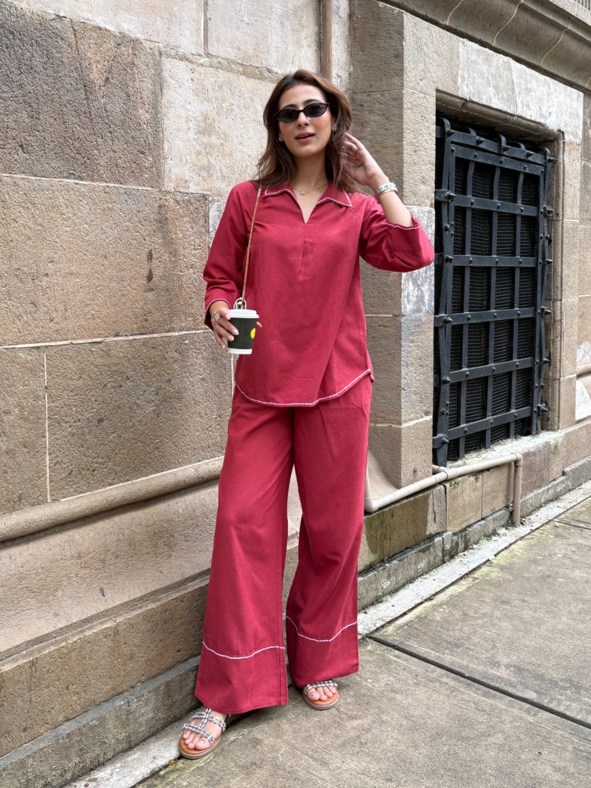 Linen Blend Skipper Collar Co-ord Set in Maroon
