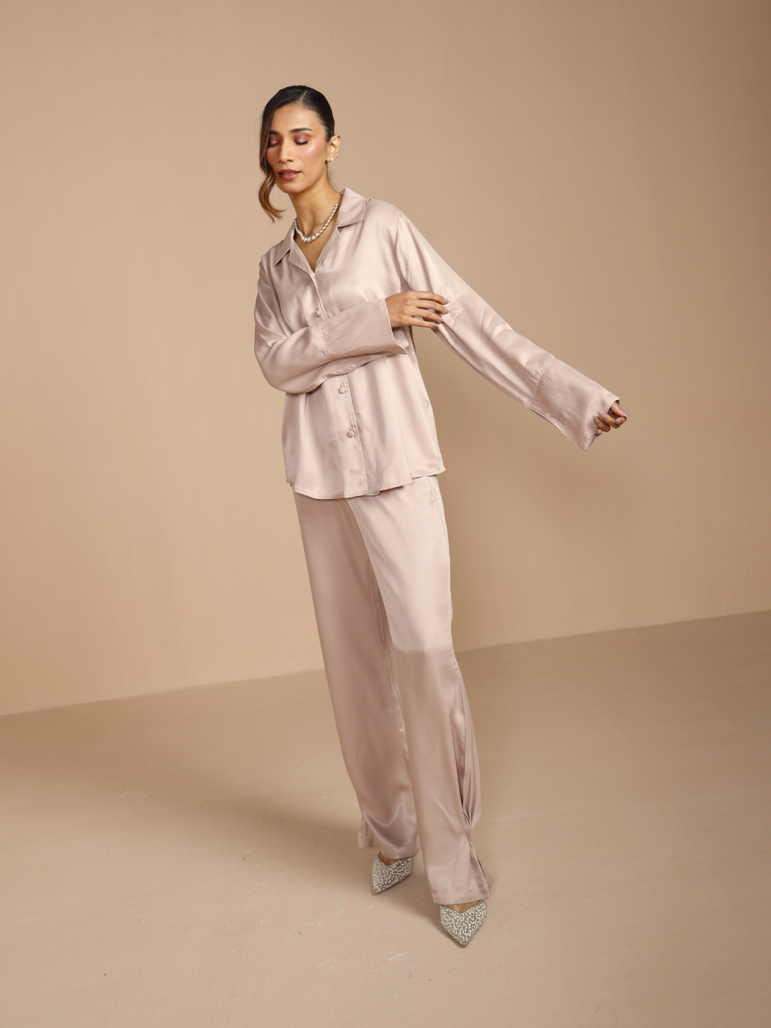 Button Embellished Satin Shirt in Silver Taupe