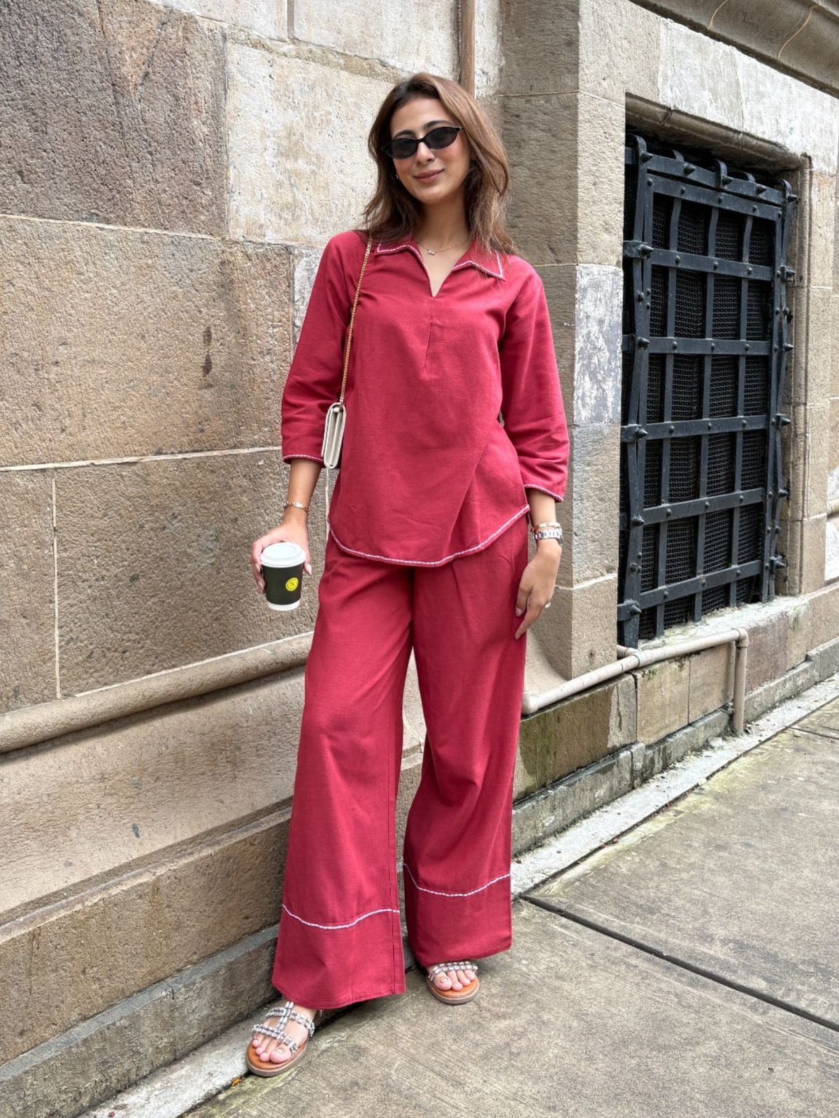 Linen Blend Skipper Collar Co-ord Set in Maroon