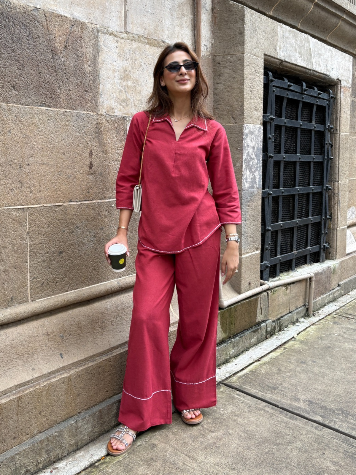 Linen Blend Skipper Collar Co-ord Set in Maroon