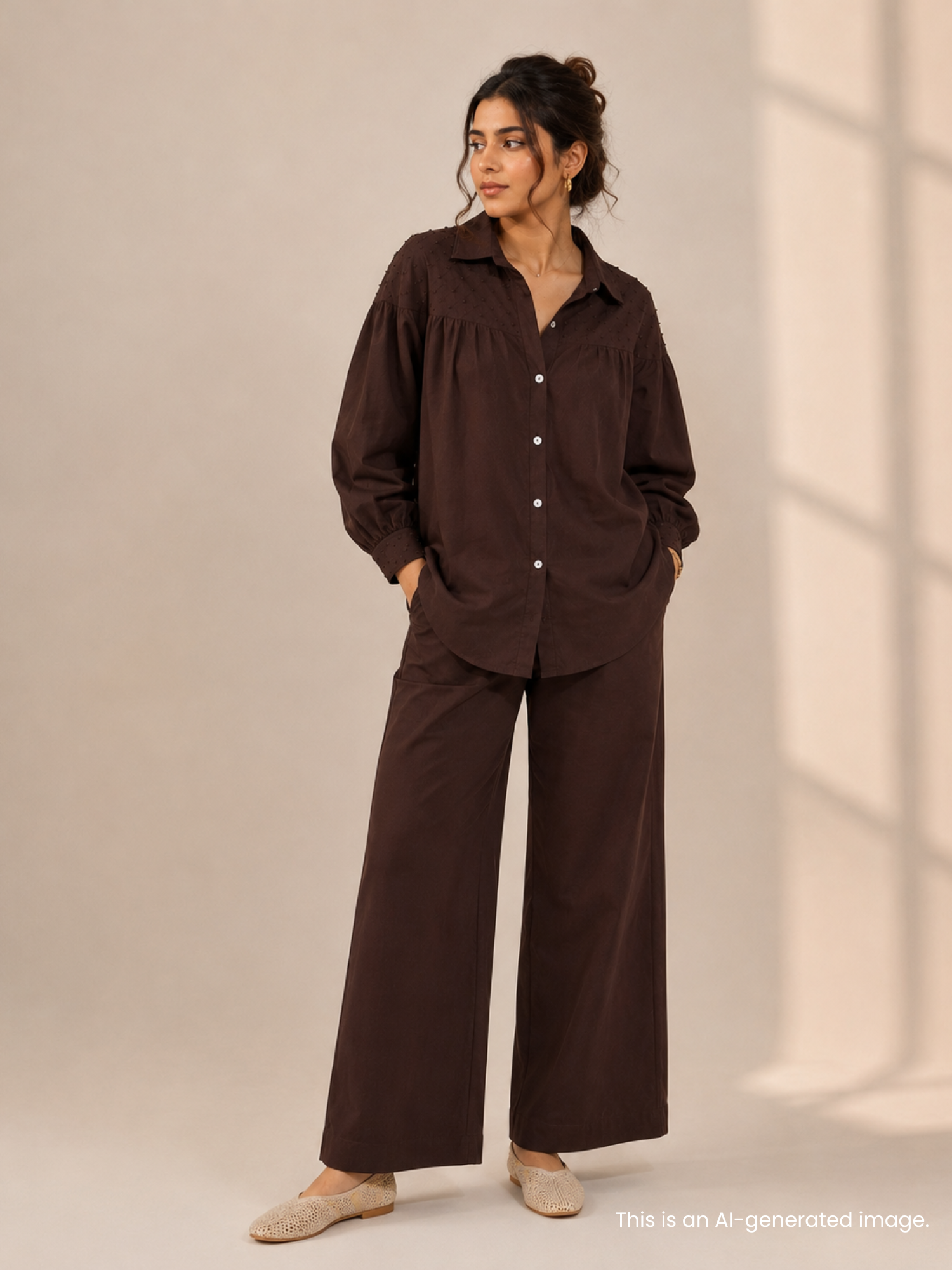 Premium Linen Co-ord Set with French Knots in Espresso