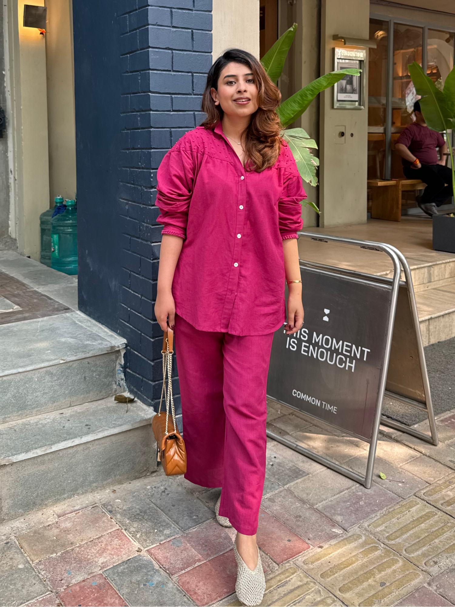 Premium Linen Co-ord Set with French Knots in Raspberry