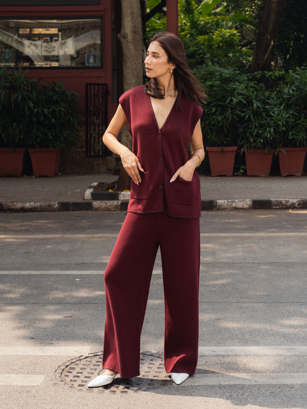 Vest Coord Set with Blanket Stitch in Maroon