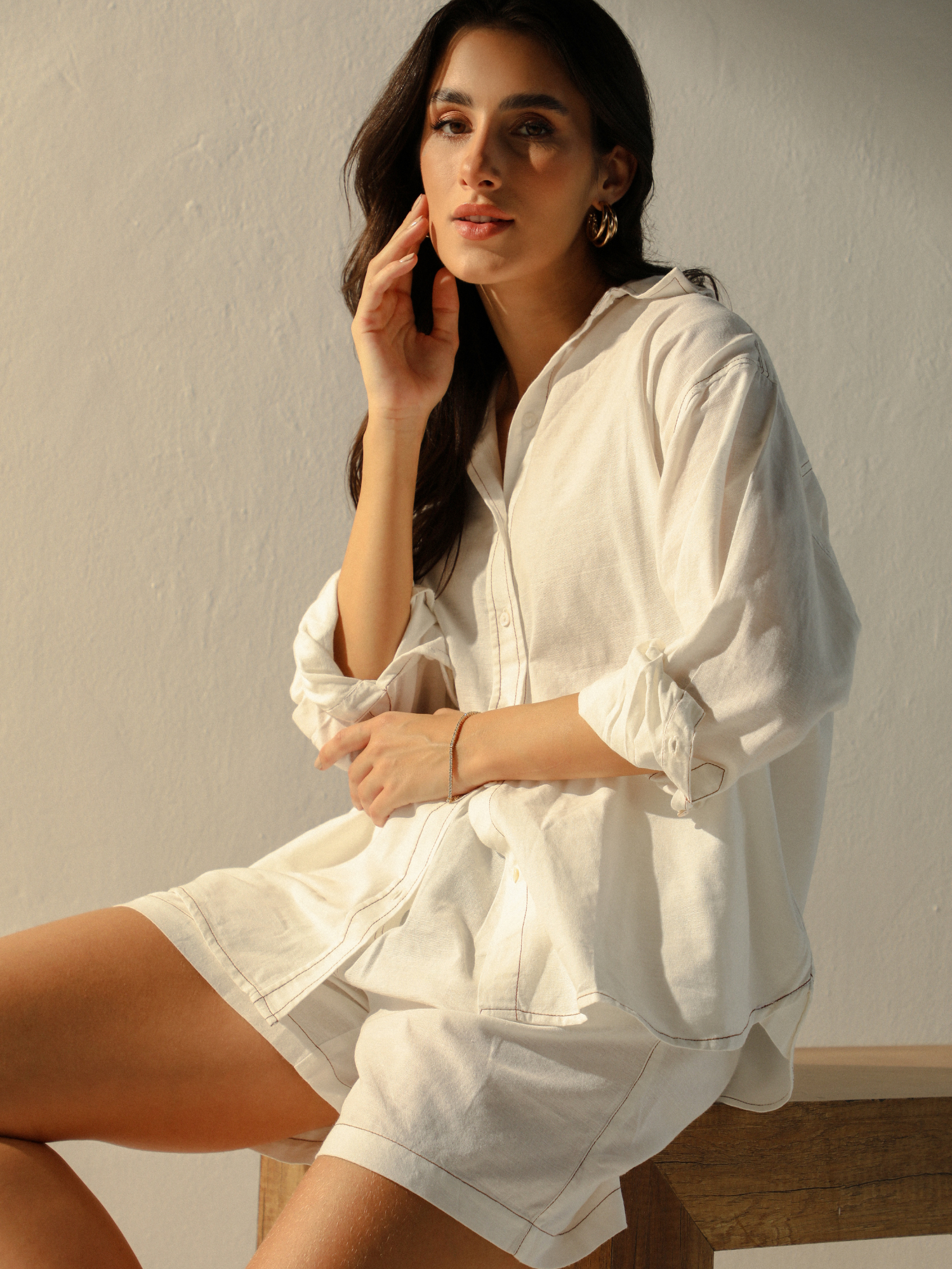 Linen blend Coord Set with Oversized Shirt & Shorts in Vanilla