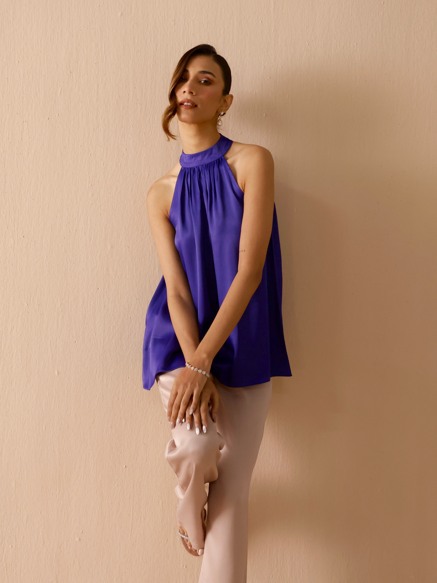 Satin Halterneck Top in Mystic Blue