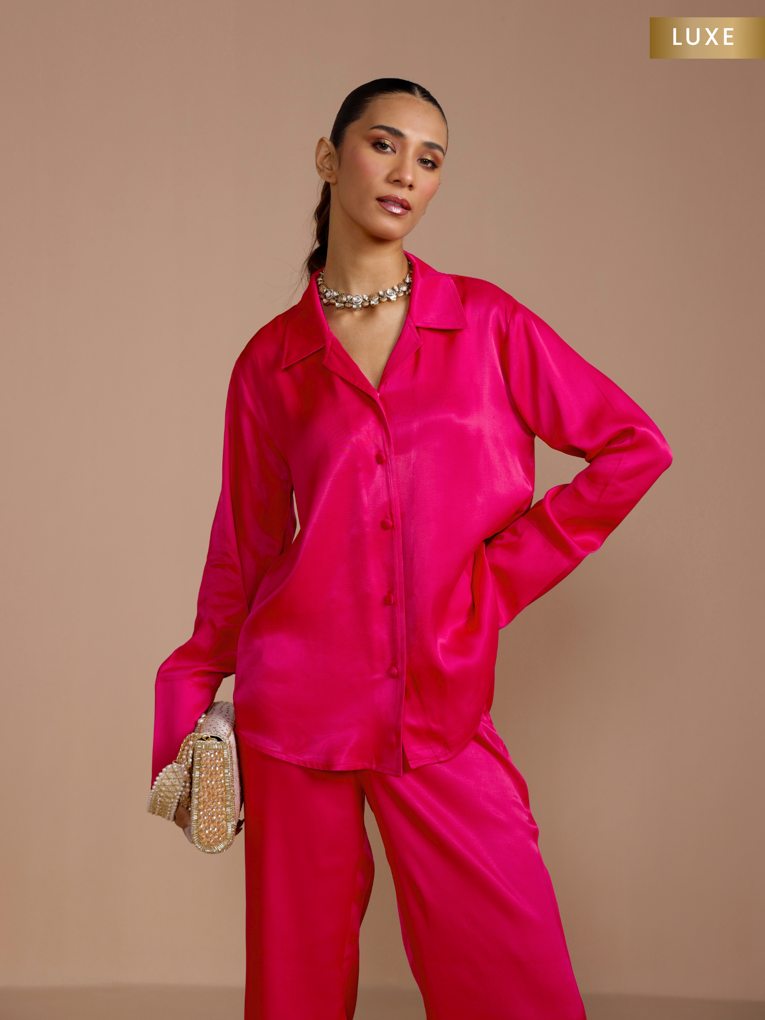 Button Embellished Satin Shirt in Rani Pink