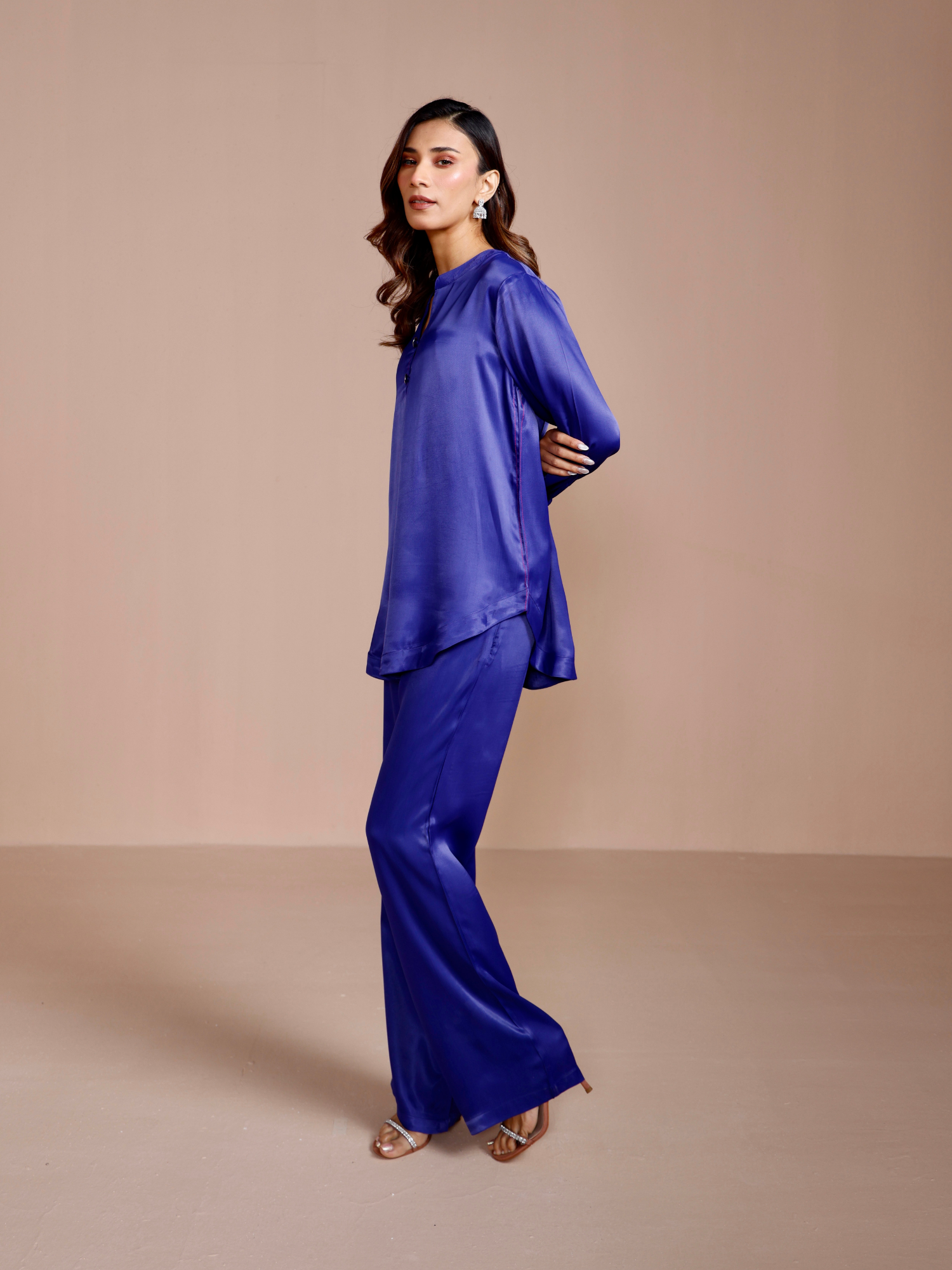 shop satin wide pants in ink blue