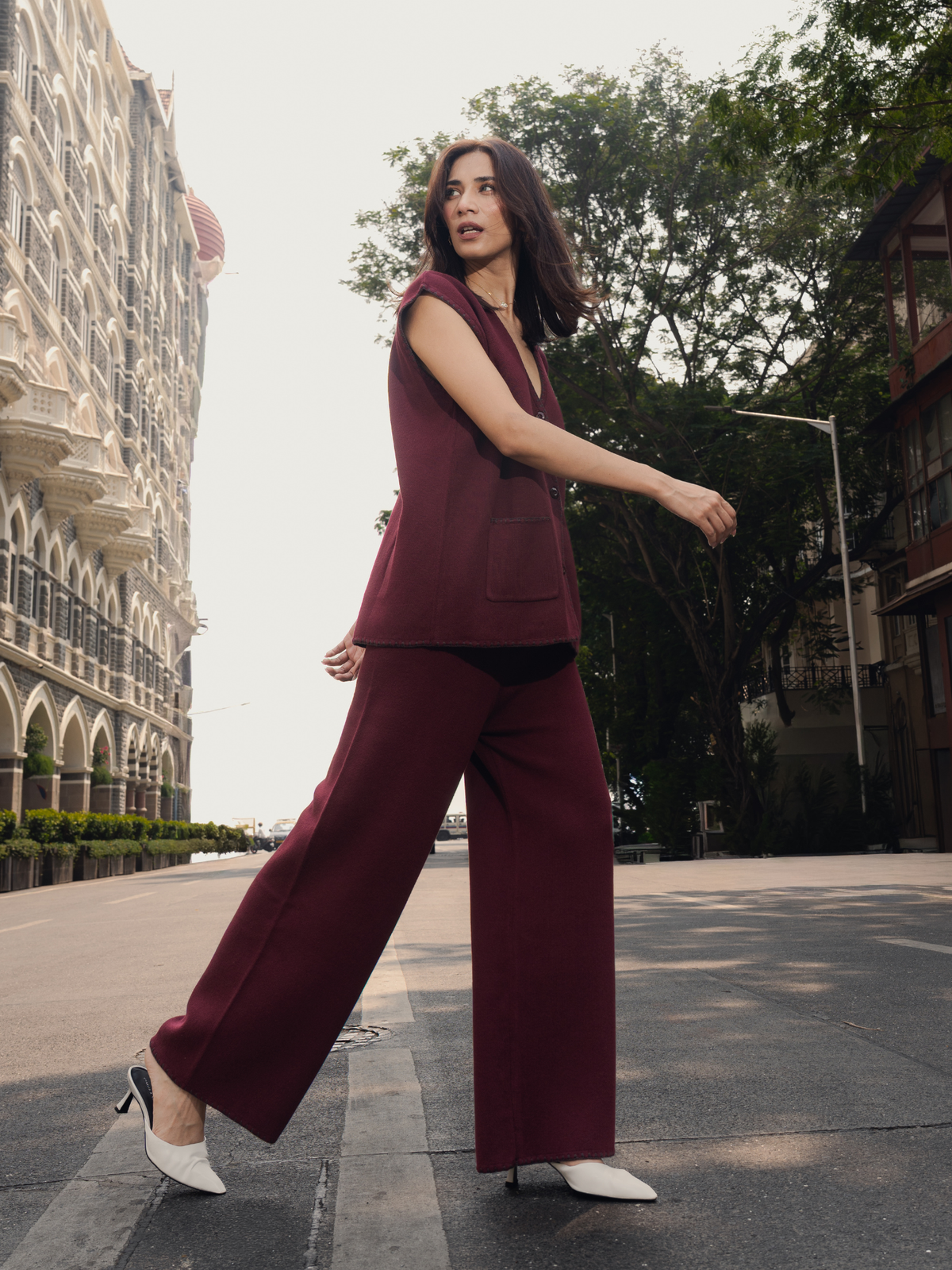 Vest Coord Set with Blanket Stitch in Maroon