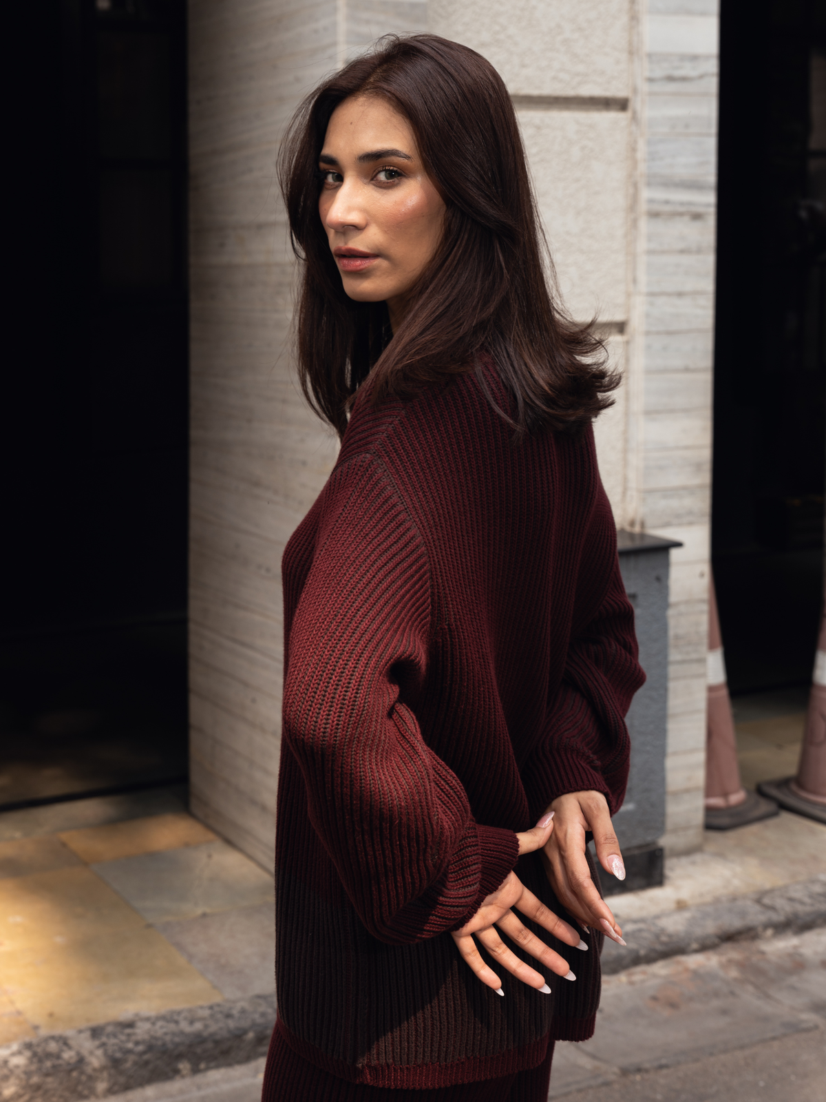 Ribbed Button Down Cardigan with Pants in Maroon
