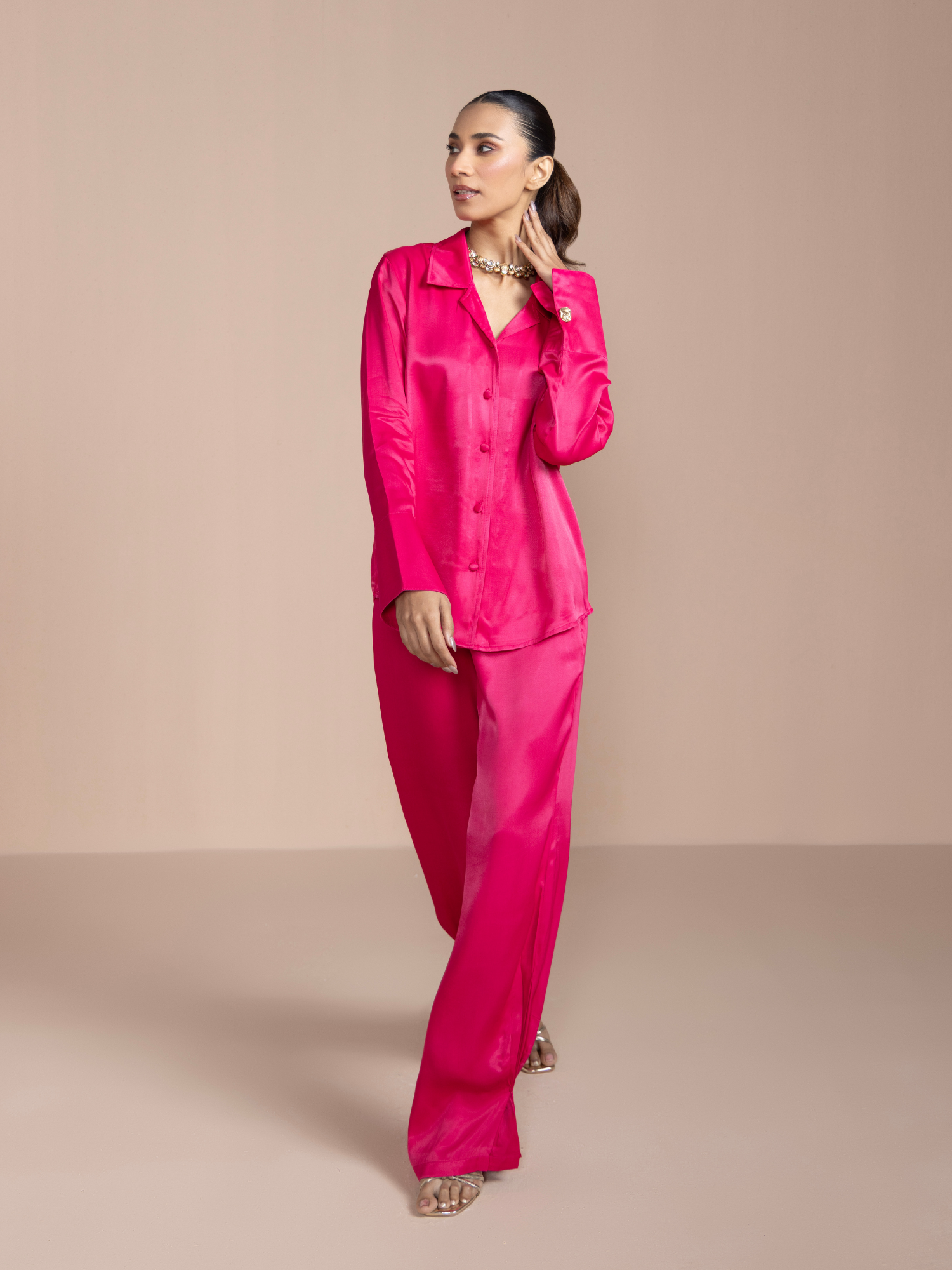 Button Embellished Satin Shirt with Pants in Rani Pink