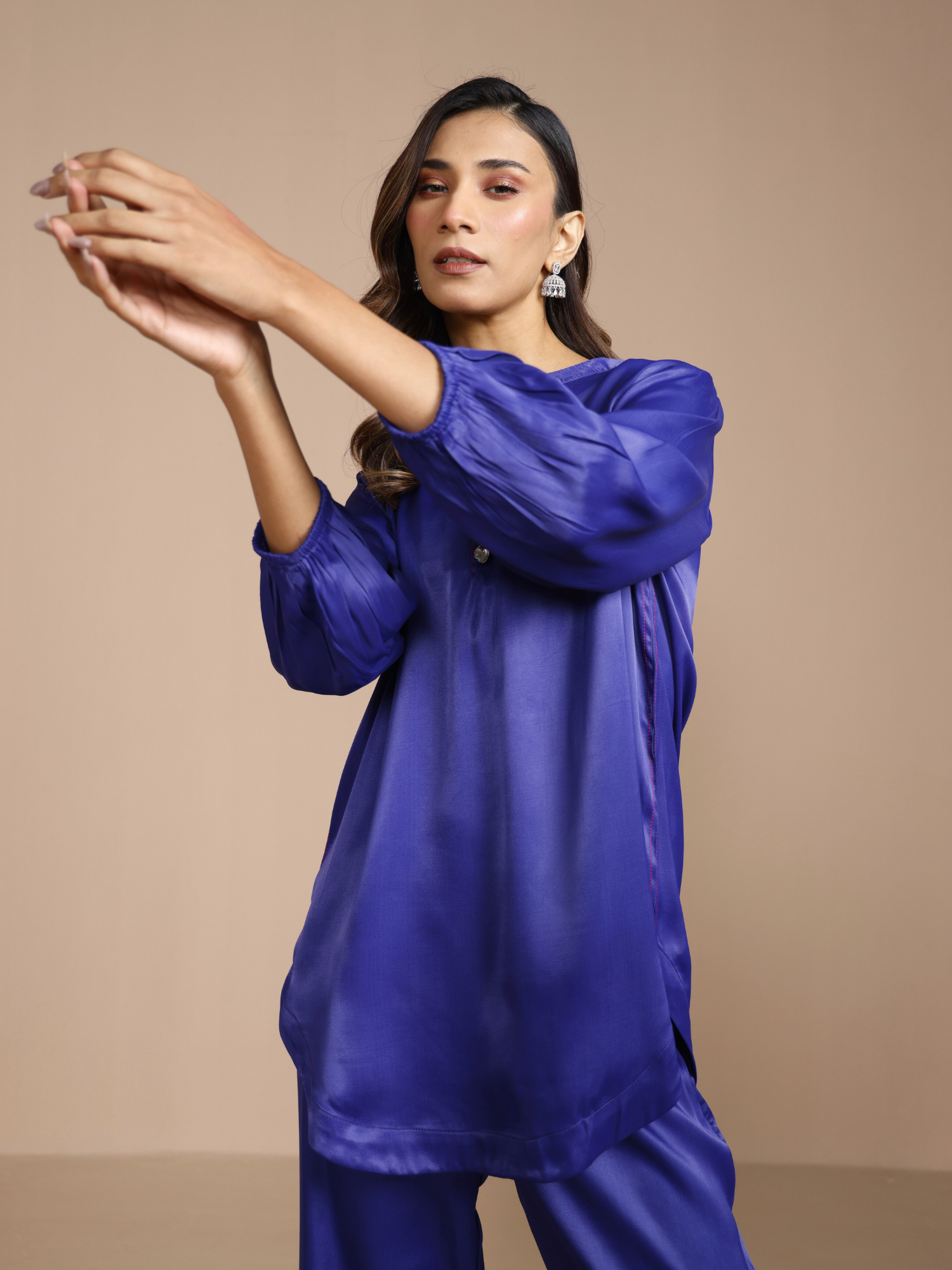 Buy ink blue matching satin tunic set