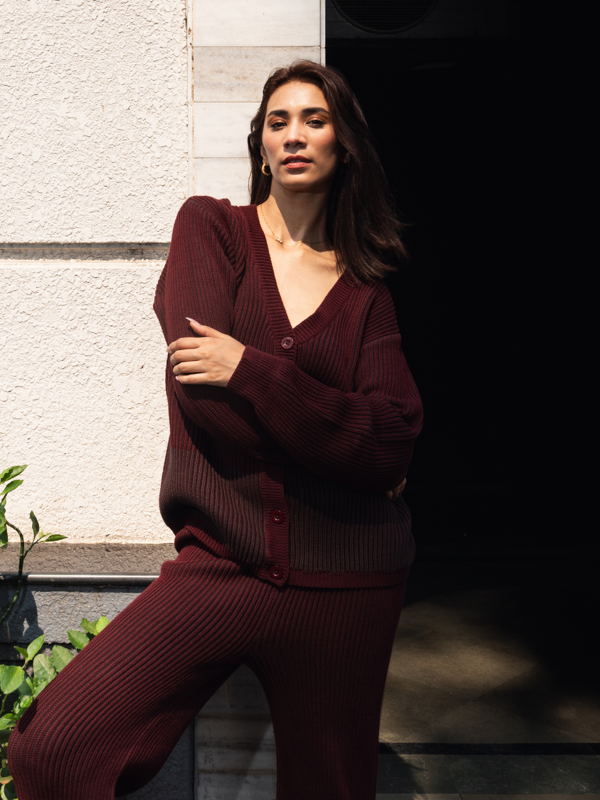 Ribbed Button Down Cardigan with Pants in Maroon