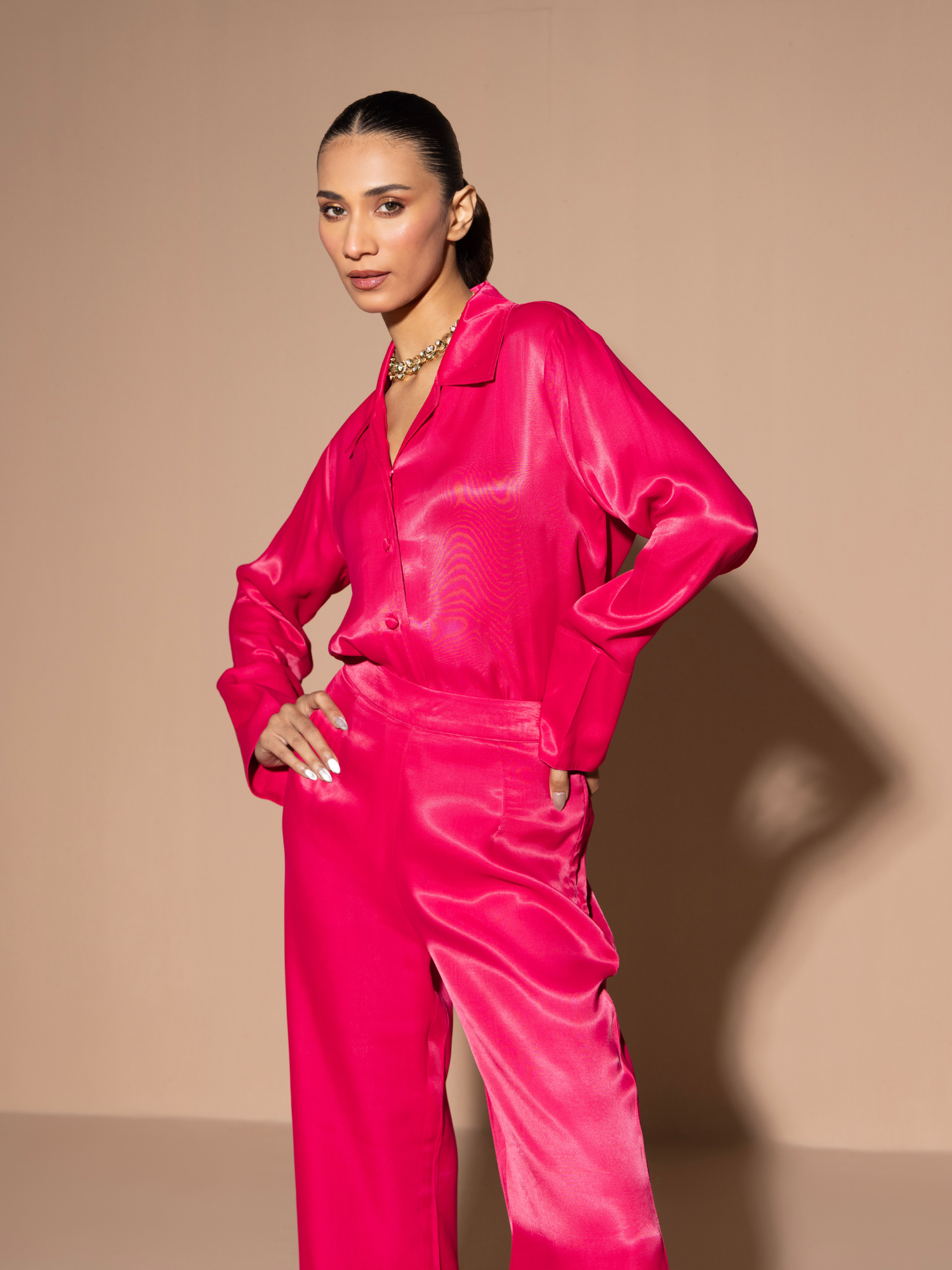 Button Embellished Satin Shirt with Pants in Rani Pink