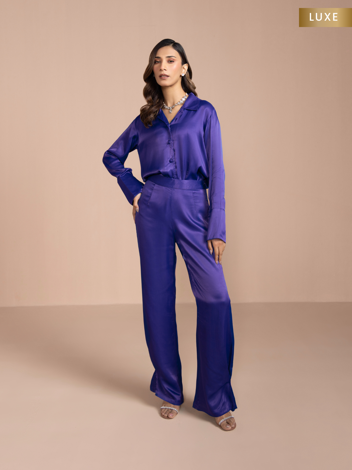 Button Embellished Satin Shirt with Pants in Mystic Blue