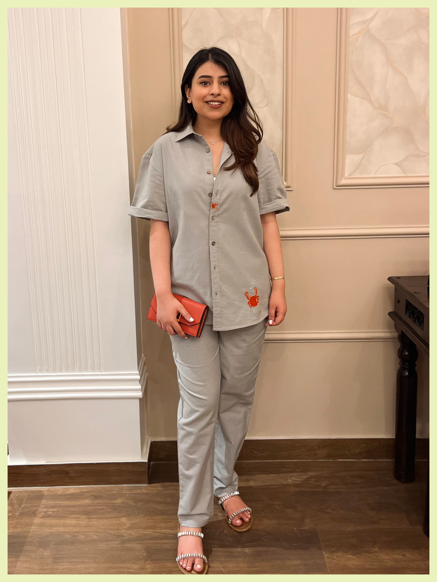 Crabby Linen Co-ord Set with Pants in Stone Grey