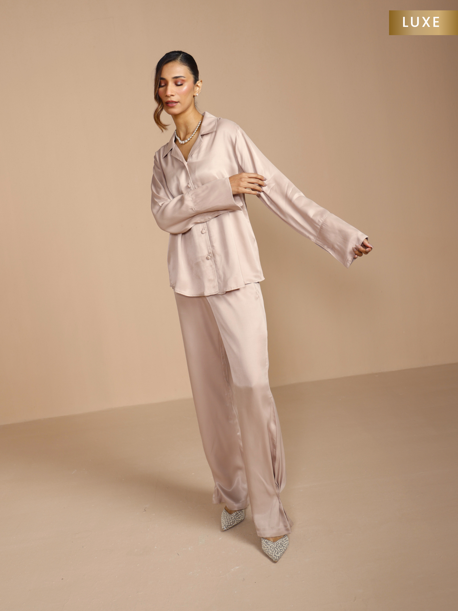 Button Embellished Satin Shirt with Pants in Silver Taupe